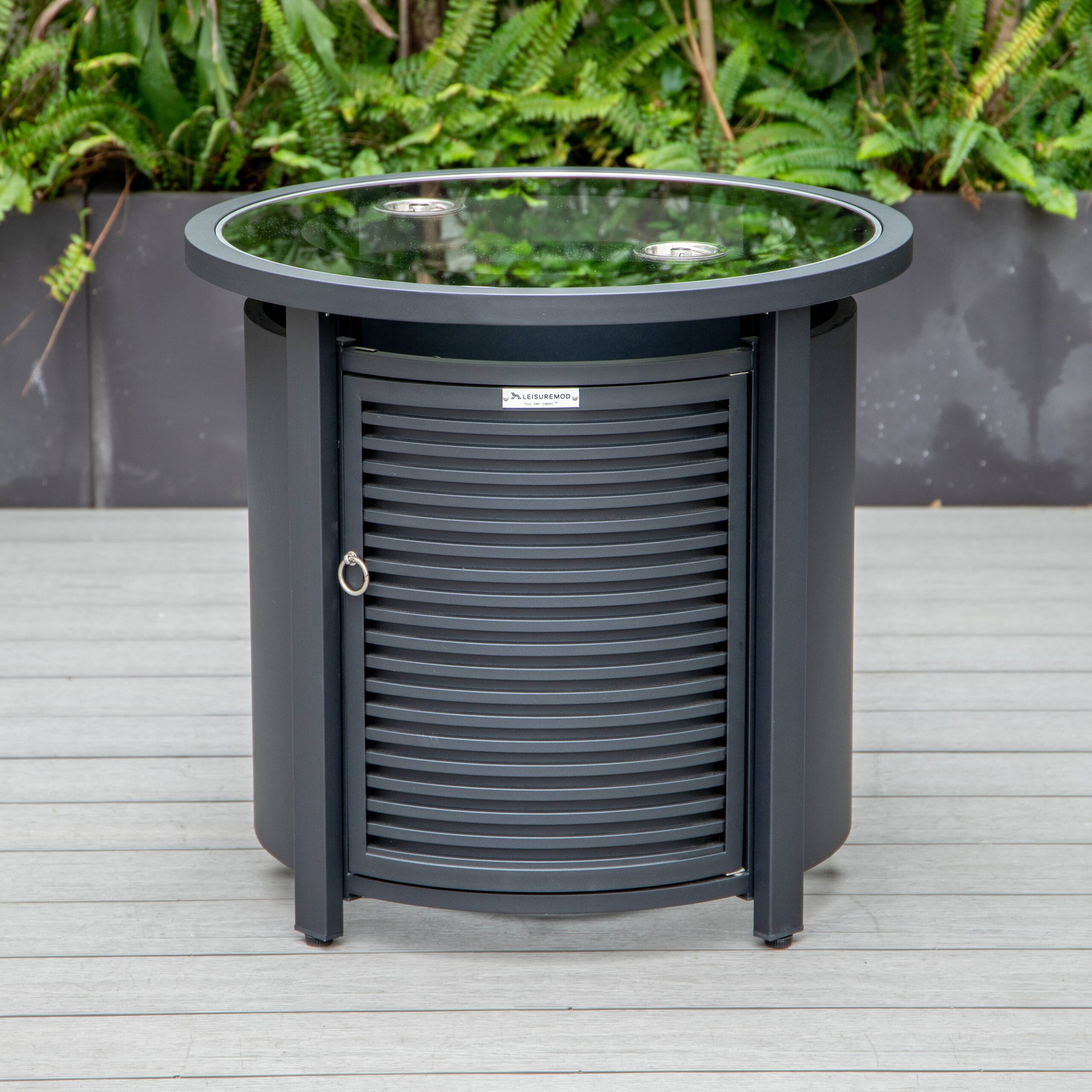 LeisureMod Walbrooke Modern Round Tank Holder Table with Tempered Glass Top and Powder Coated Aluminum Slats Design - Black