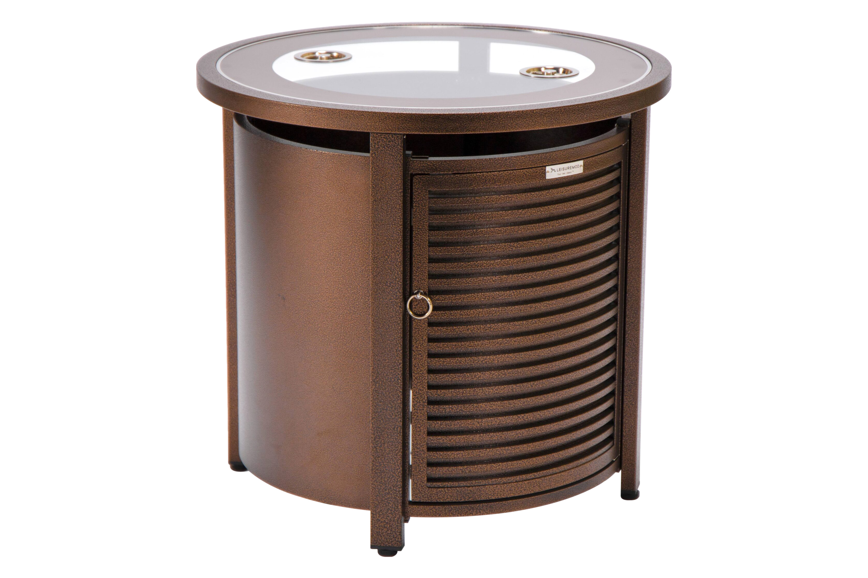 LeisureMod - Walbrooke Modern Round Tank Holder Table with Tempered Glass Top and Powder Coated Aluminum Slats Design