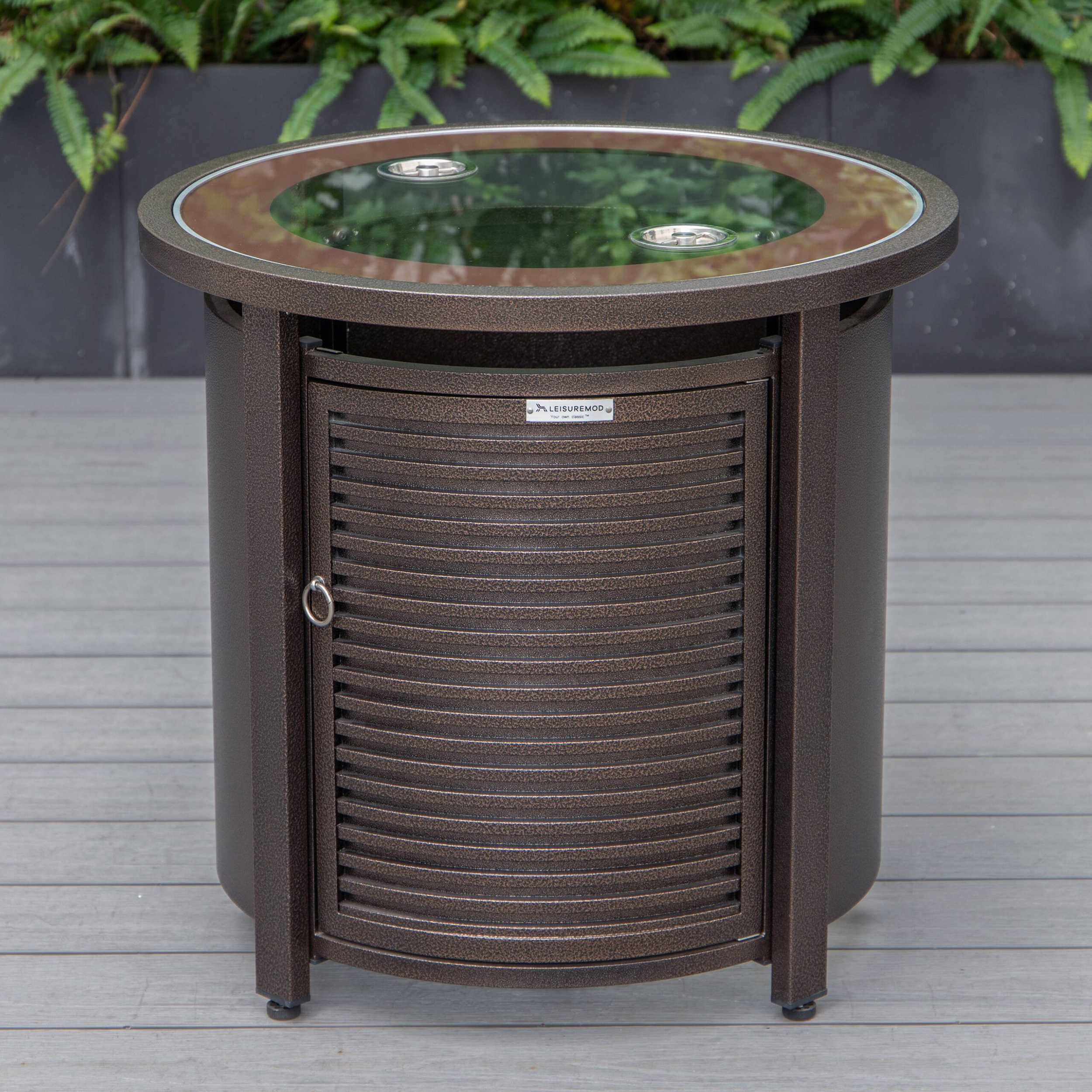 LeisureMod Walbrooke Modern Round Tank Holder Table with Tempered Glass Top and Powder Coated Aluminum Slats Design - Brown