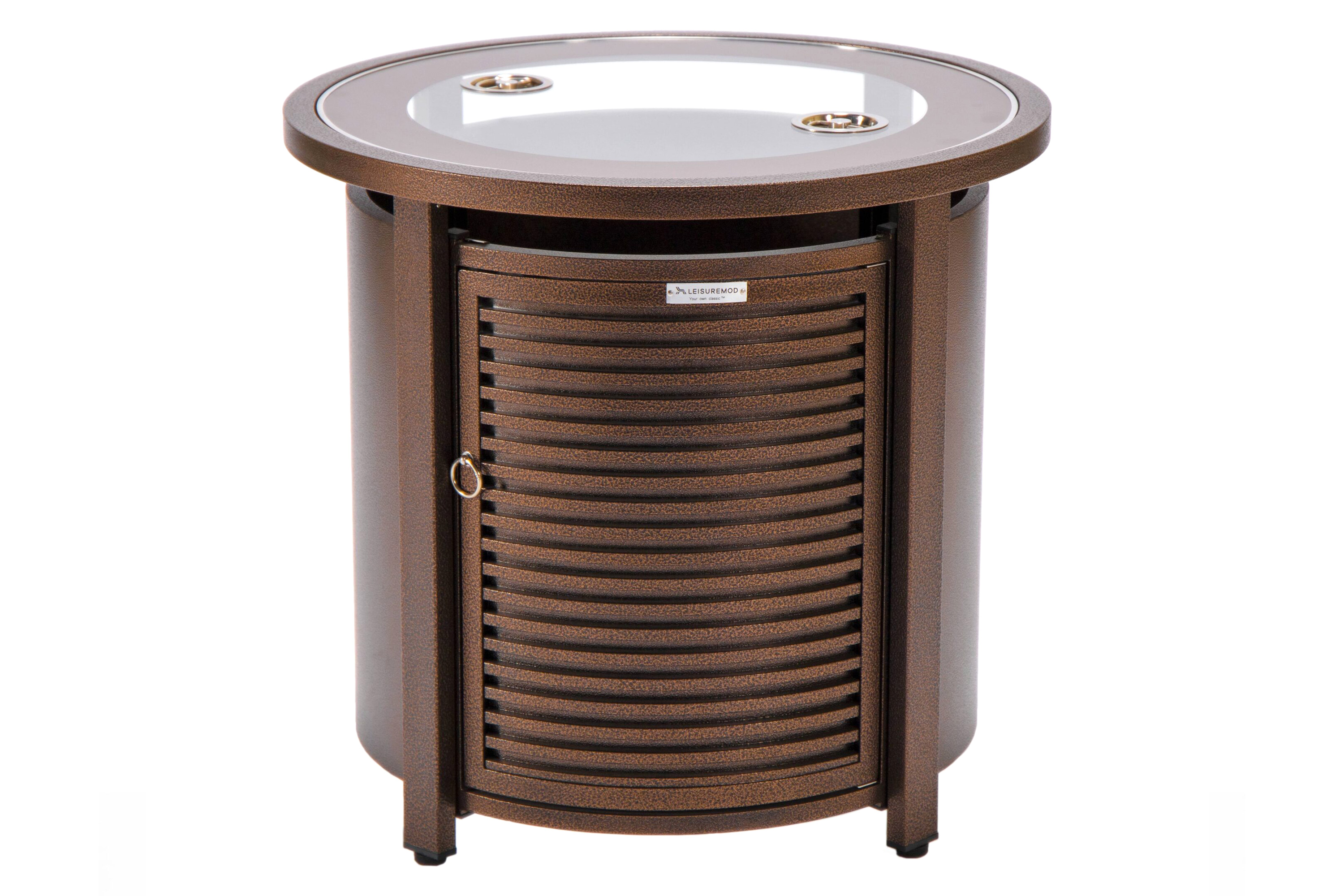 LeisureMod Walbrooke Modern Round Tank Holder Table with Tempered Glass Top and Powder Coated Aluminum Slats Design - Brown
