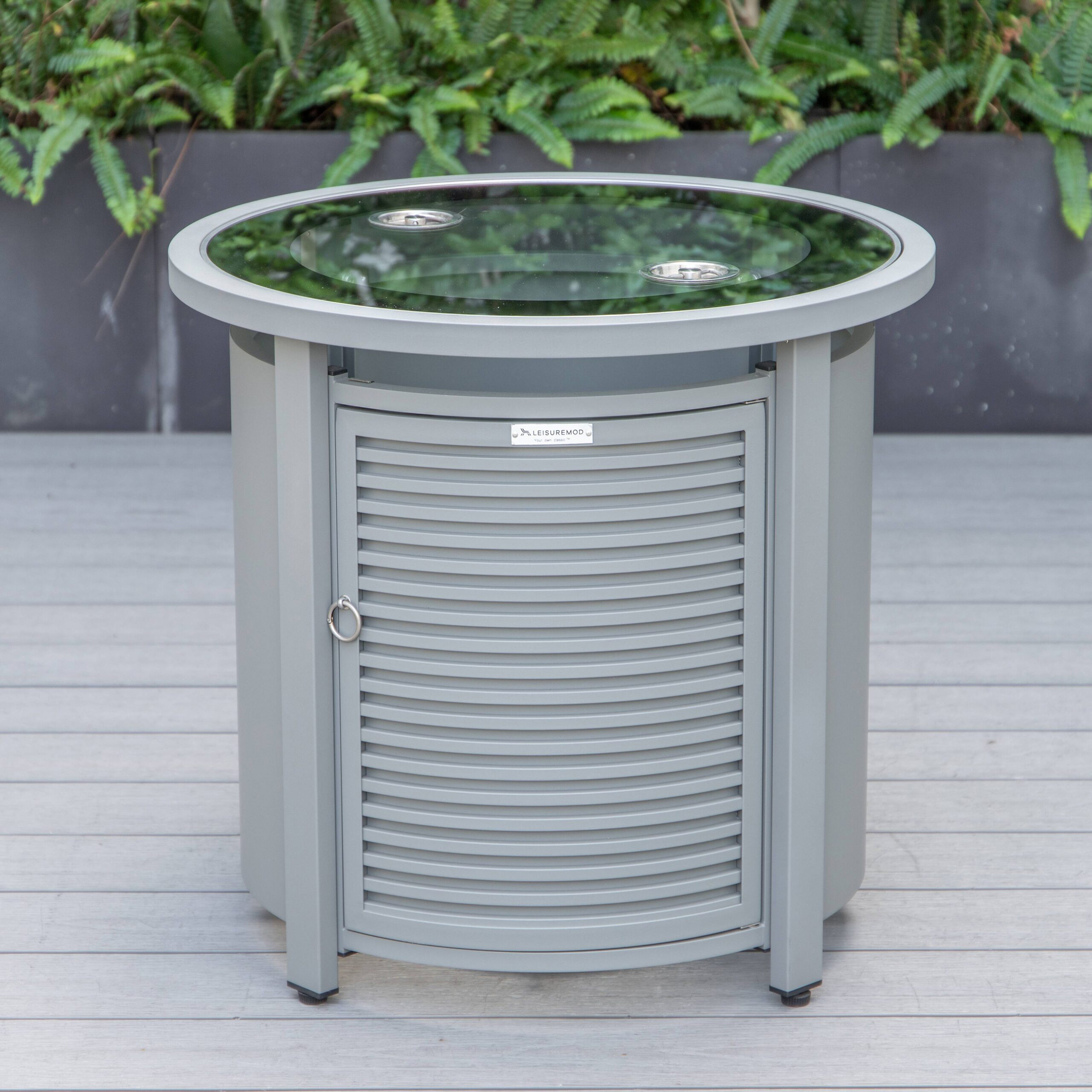 LeisureMod - Walbrooke Modern Round Tank Holder Table with Tempered Glass Top and Powder Coated Aluminum Slats Design