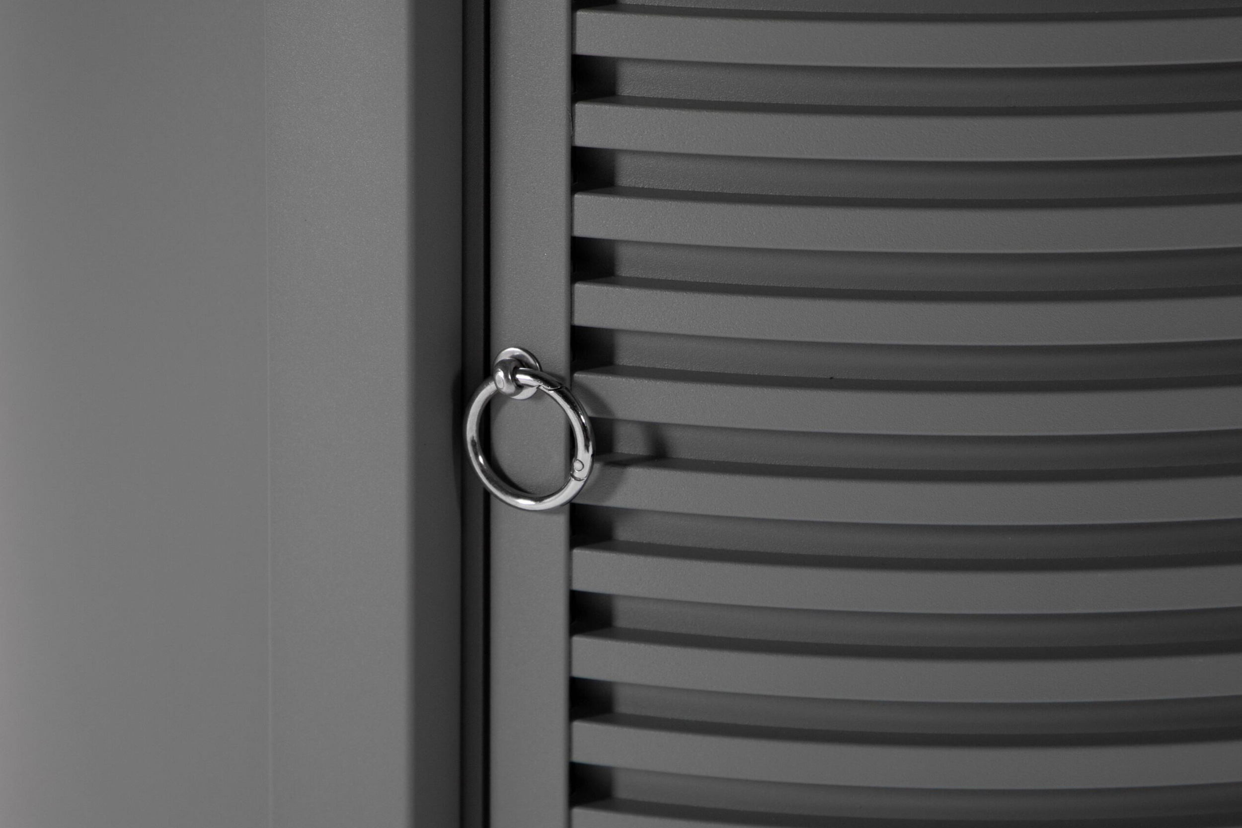 LeisureMod Walbrooke Modern Round Tank Holder Table with Tempered Glass Top and Powder Coated Aluminum Slats Design - Gray