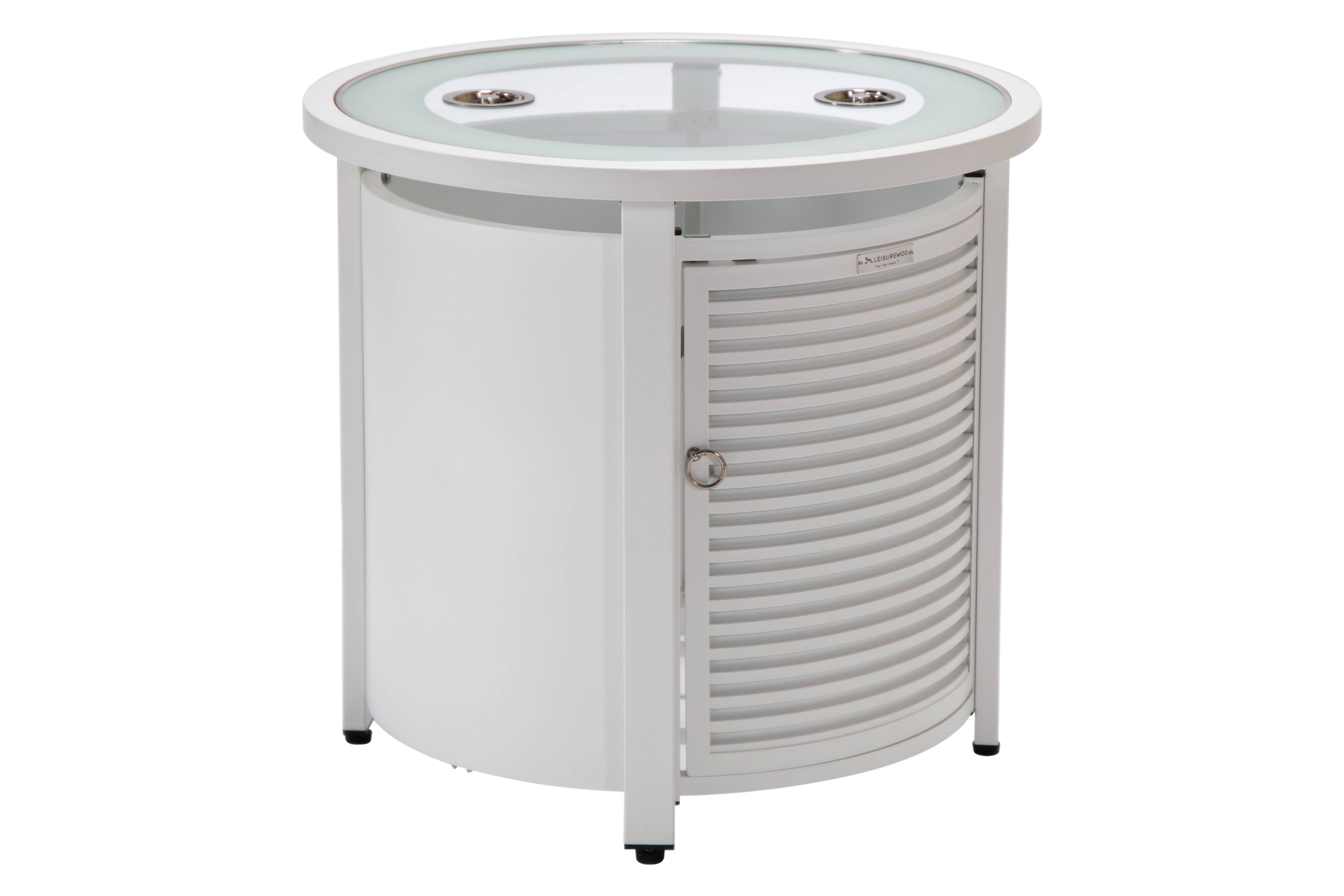 LeisureMod - Walbrooke Modern Round Tank Holder Table with Tempered Glass Top and Powder Coated Aluminum Slats Design