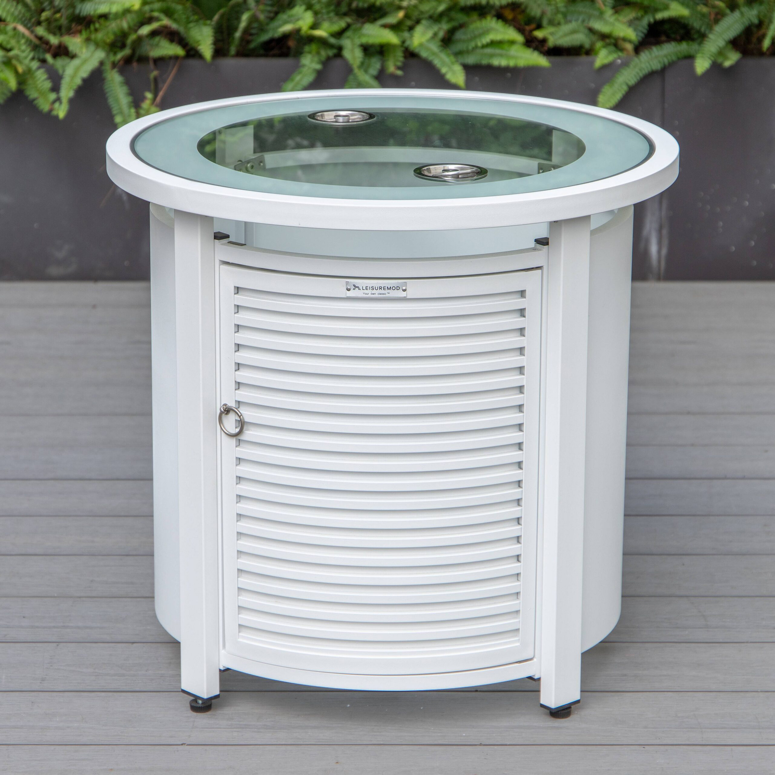 LeisureMod Walbrooke Modern Round Tank Holder Table with Tempered Glass Top and Powder Coated Aluminum Slats Design - White