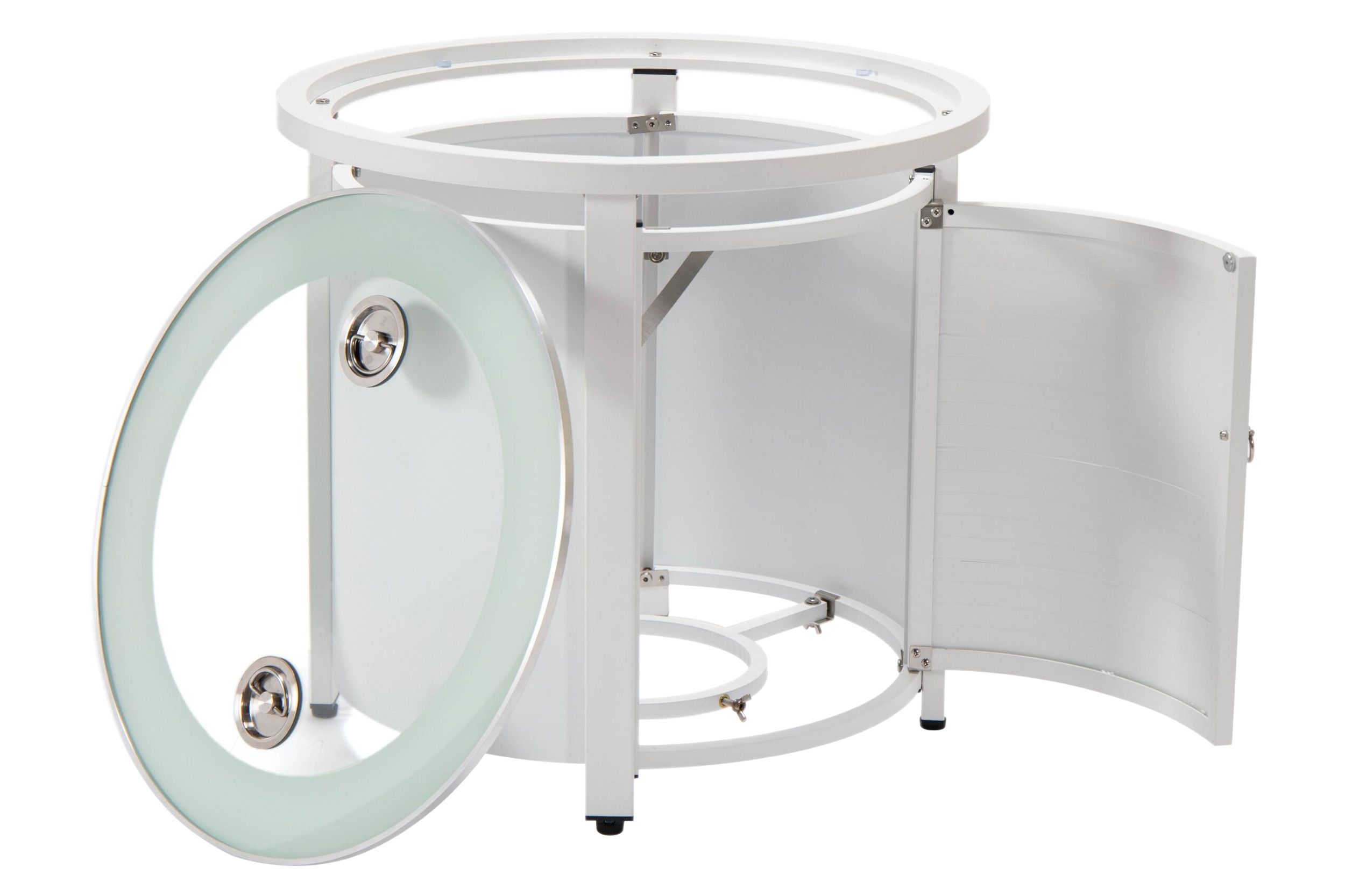 LeisureMod Walbrooke Modern Round Tank Holder Table with Tempered Glass Top and Powder Coated Aluminum Slats Design - White