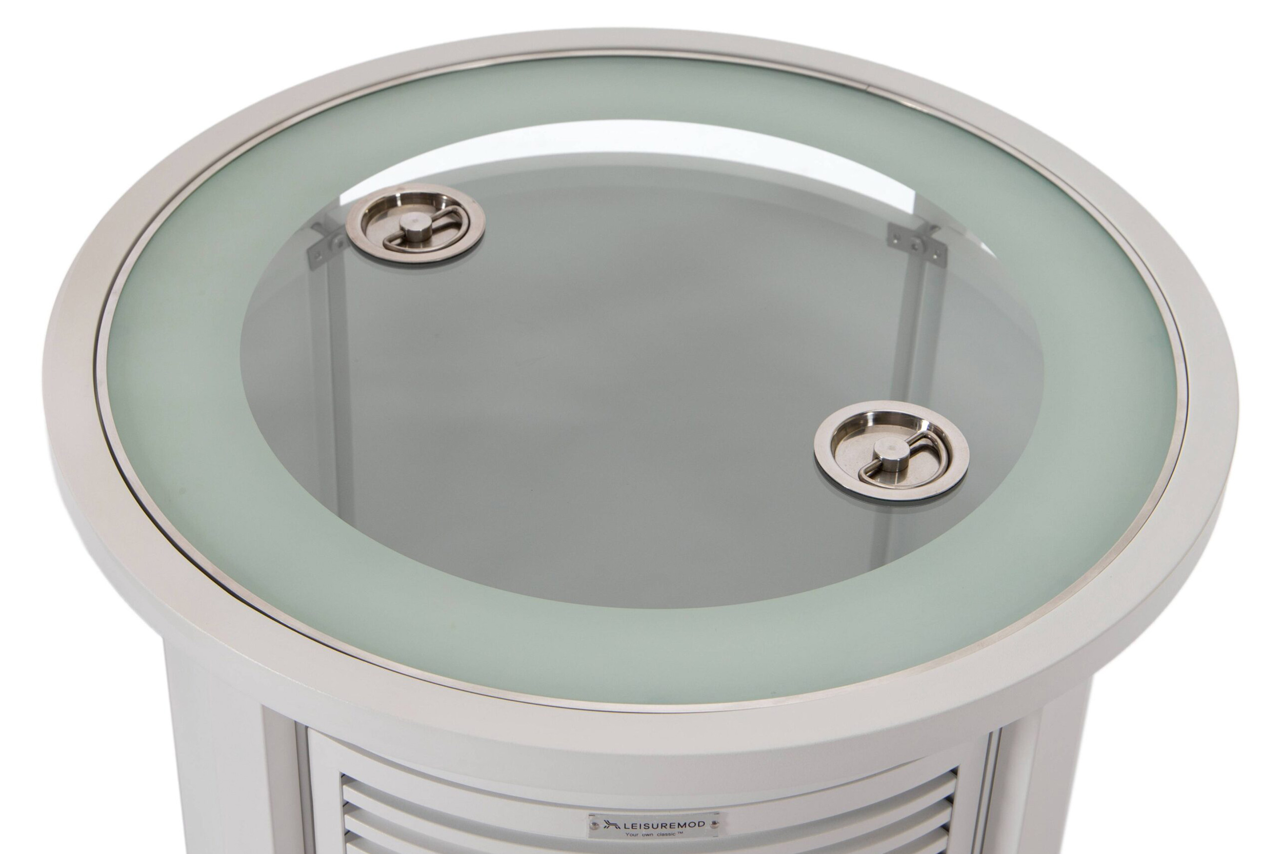 LeisureMod Walbrooke Modern Round Tank Holder Table with Tempered Glass Top and Powder Coated Aluminum Slats Design - White