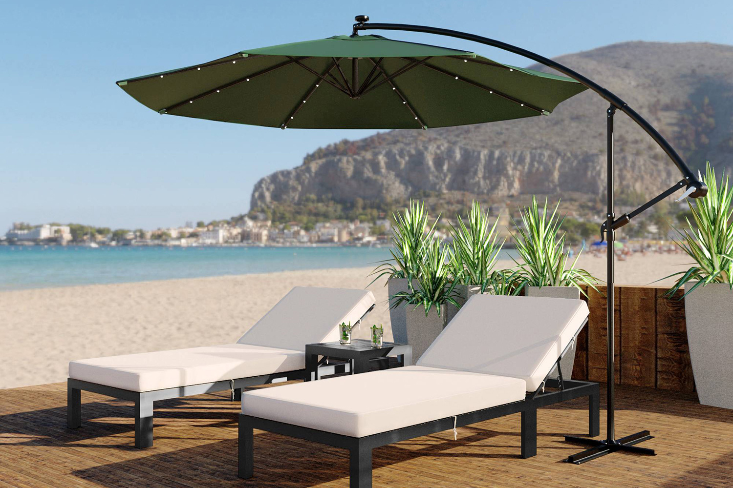 LeisureMod Willry Modern Outdoor 10 Ft Offset Cantilever Hanging Patio Umbrella with Solar Powered Led - Green