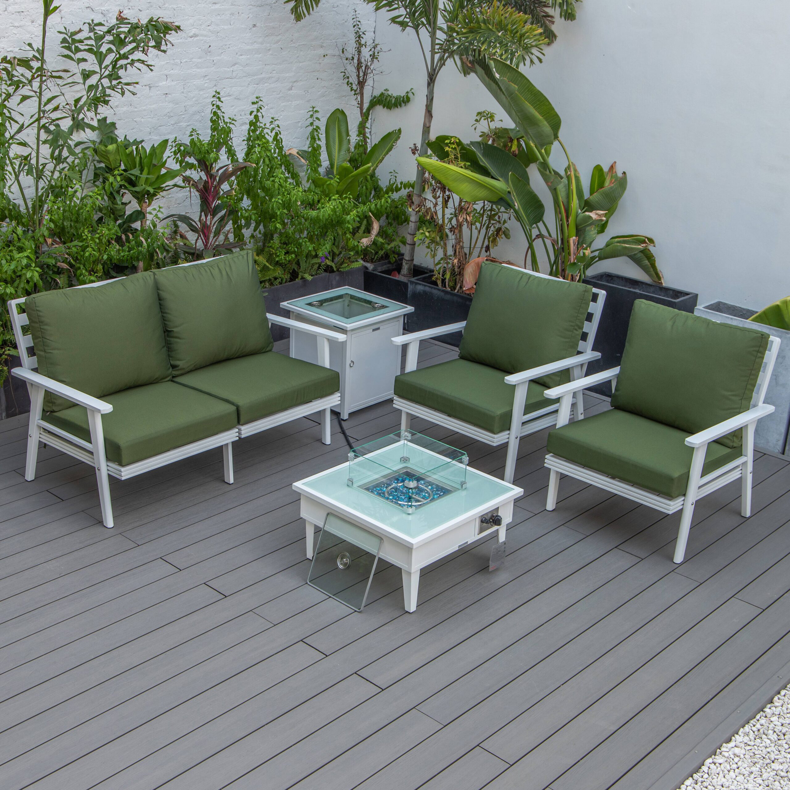 LeisureMod Walbrooke Modern White Patio Conversation With Square Fire Pit & Tank Holder - Green