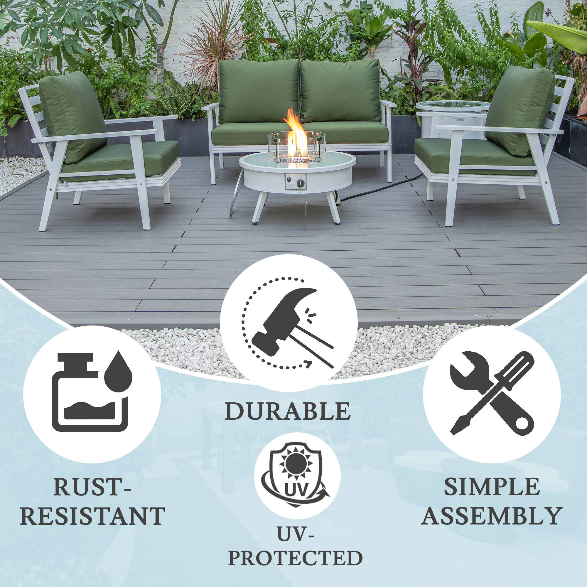 LeisureMod Walbrooke Modern White Patio Conversation With Round Fire Pit & Tank Holder - Green
