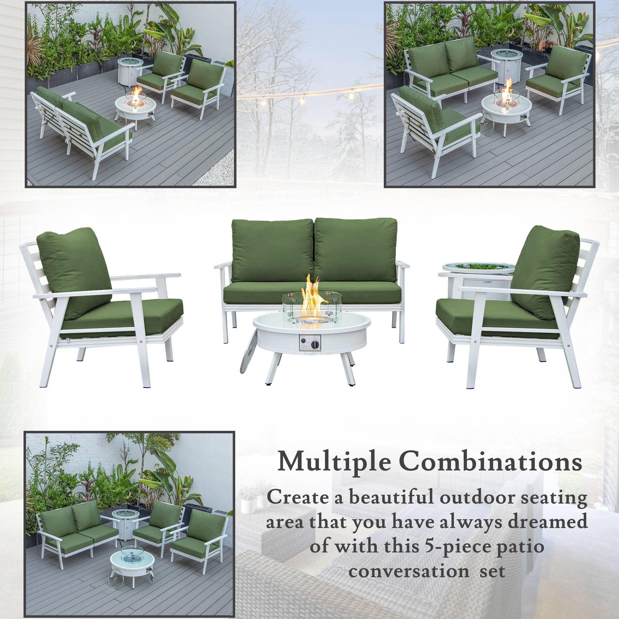 LeisureMod Walbrooke Modern White Patio Conversation With Round Fire Pit & Tank Holder - Green