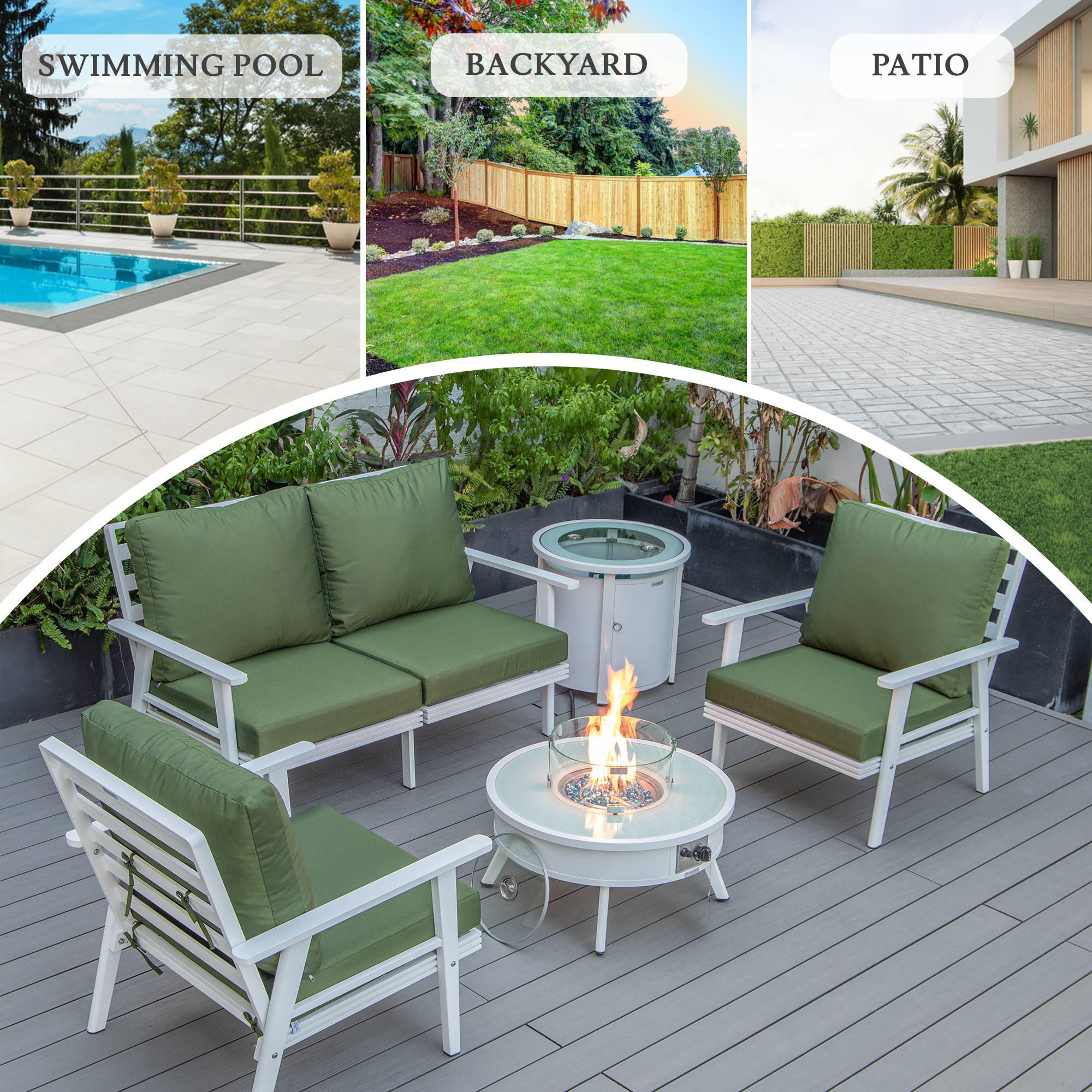 LeisureMod Walbrooke Modern White Patio Conversation With Round Fire Pit & Tank Holder - Green