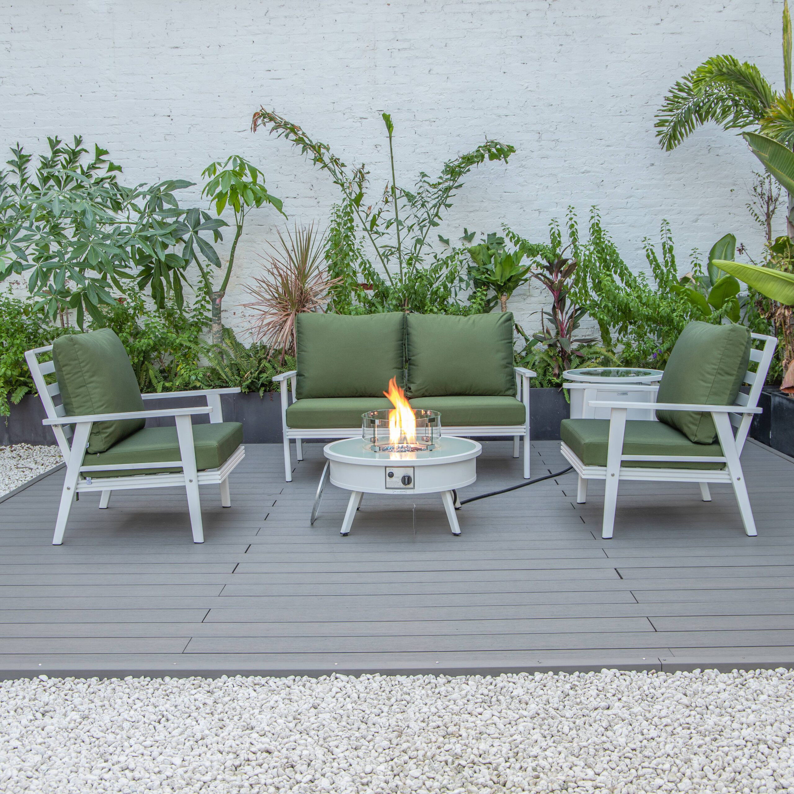 LeisureMod Walbrooke Modern White Patio Conversation With Round Fire Pit & Tank Holder - Green