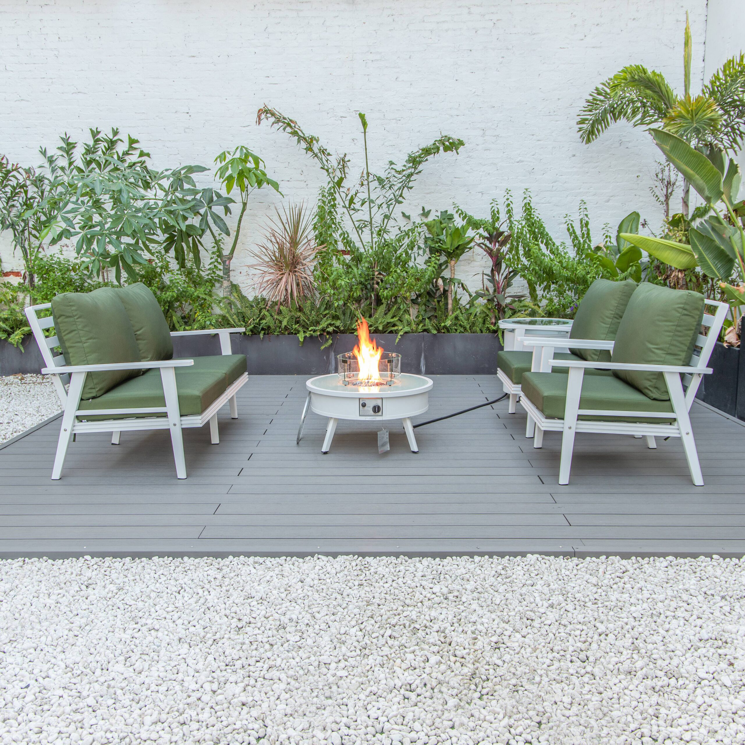 LeisureMod Walbrooke Modern White Patio Conversation With Round Fire Pit & Tank Holder - Green
