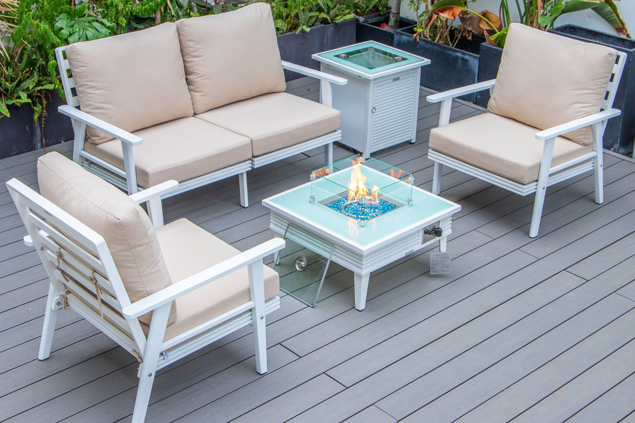 LeisureMod - Walbrooke Modern Black Patio Conversation With Square Fire Pit With Slats Design & Tank Holder