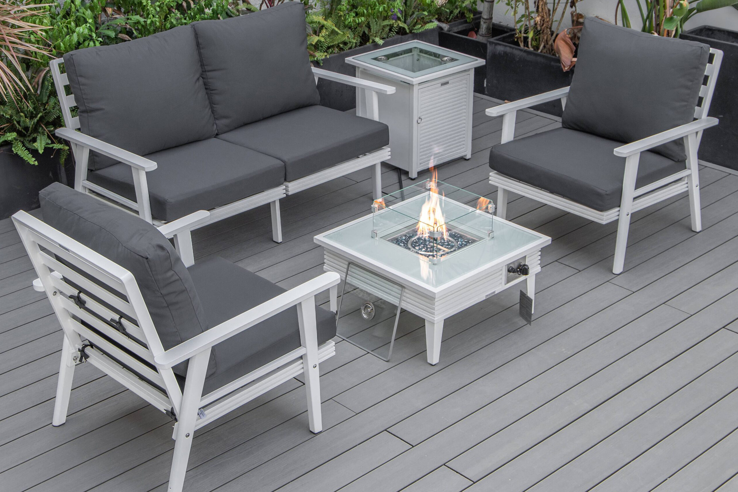LeisureMod - Walbrooke Modern Black Patio Conversation With Square Fire Pit With Slats Design & Tank Holder