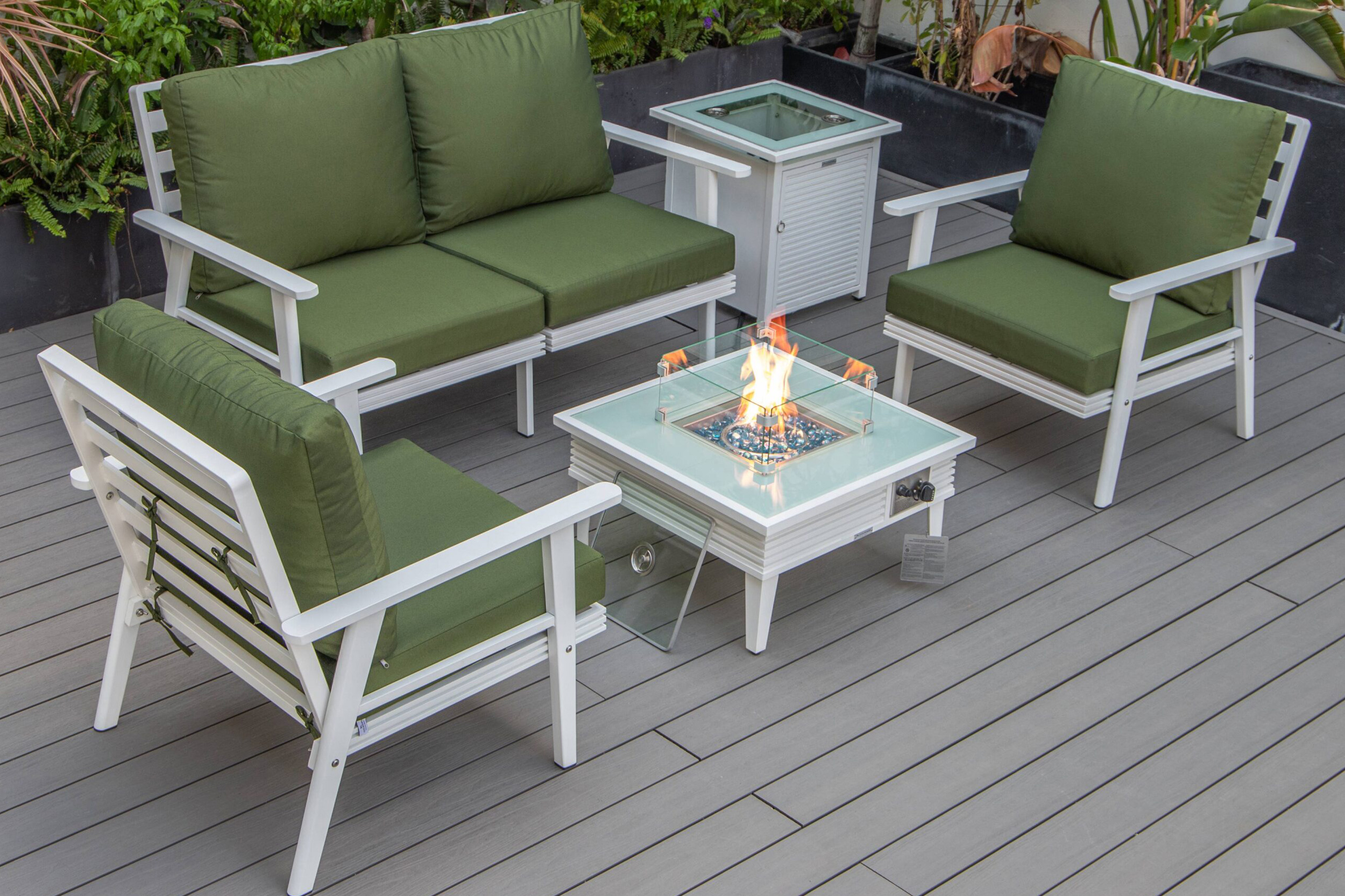 LeisureMod - Walbrooke Modern Black Patio Conversation With Square Fire Pit With Slats Design & Tank Holder