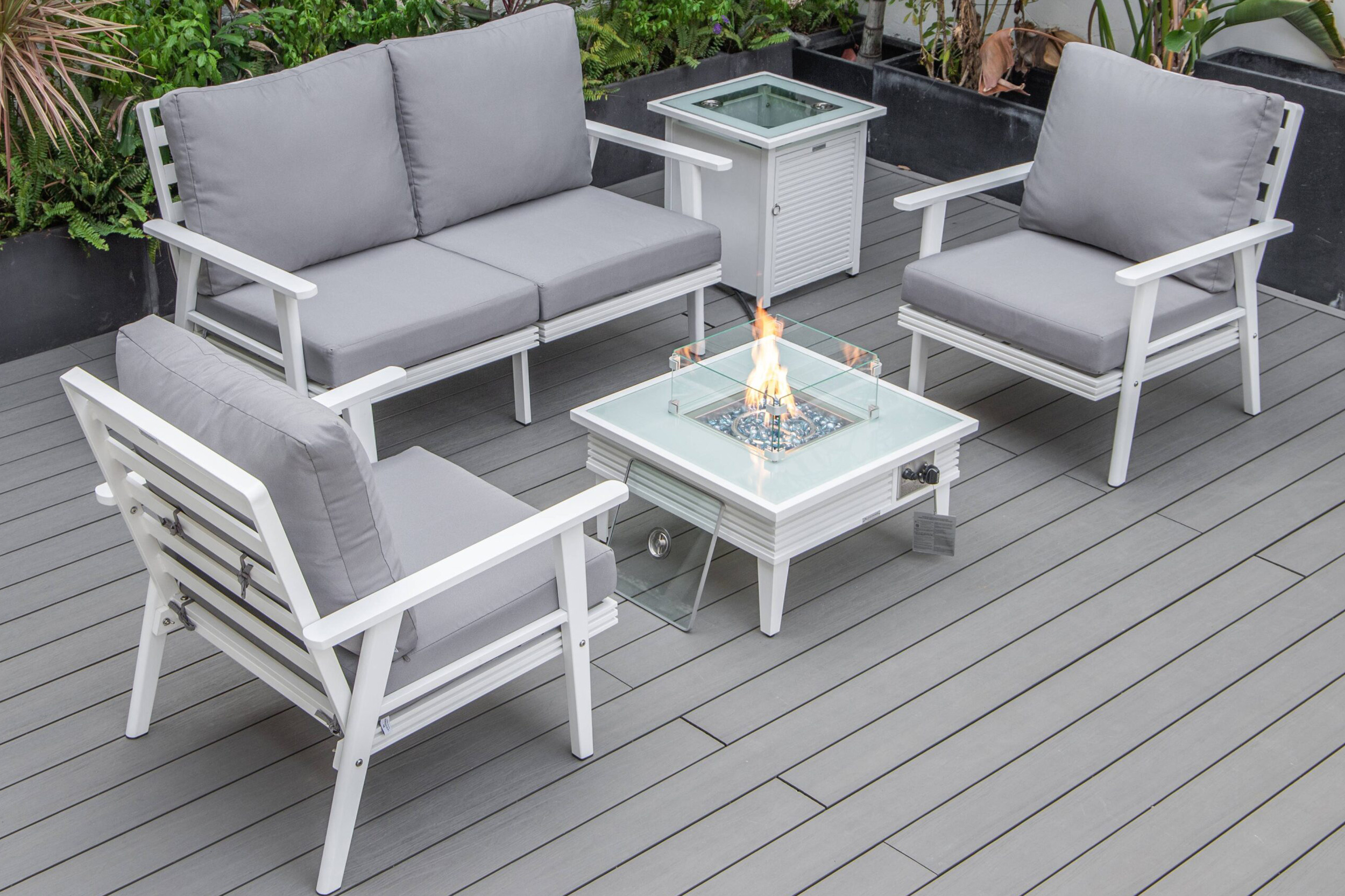 LeisureMod - Walbrooke Modern Black Patio Conversation With Square Fire Pit With Slats Design & Tank Holder