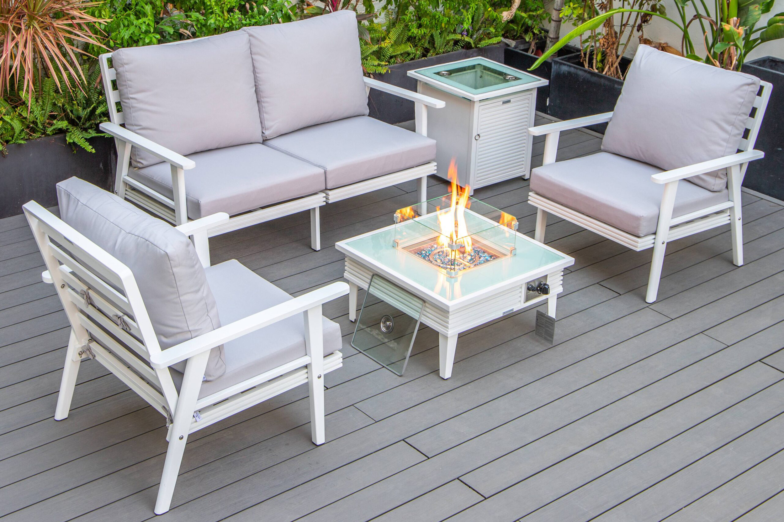 LeisureMod - Walbrooke Modern Black Patio Conversation With Square Fire Pit With Slats Design & Tank Holder