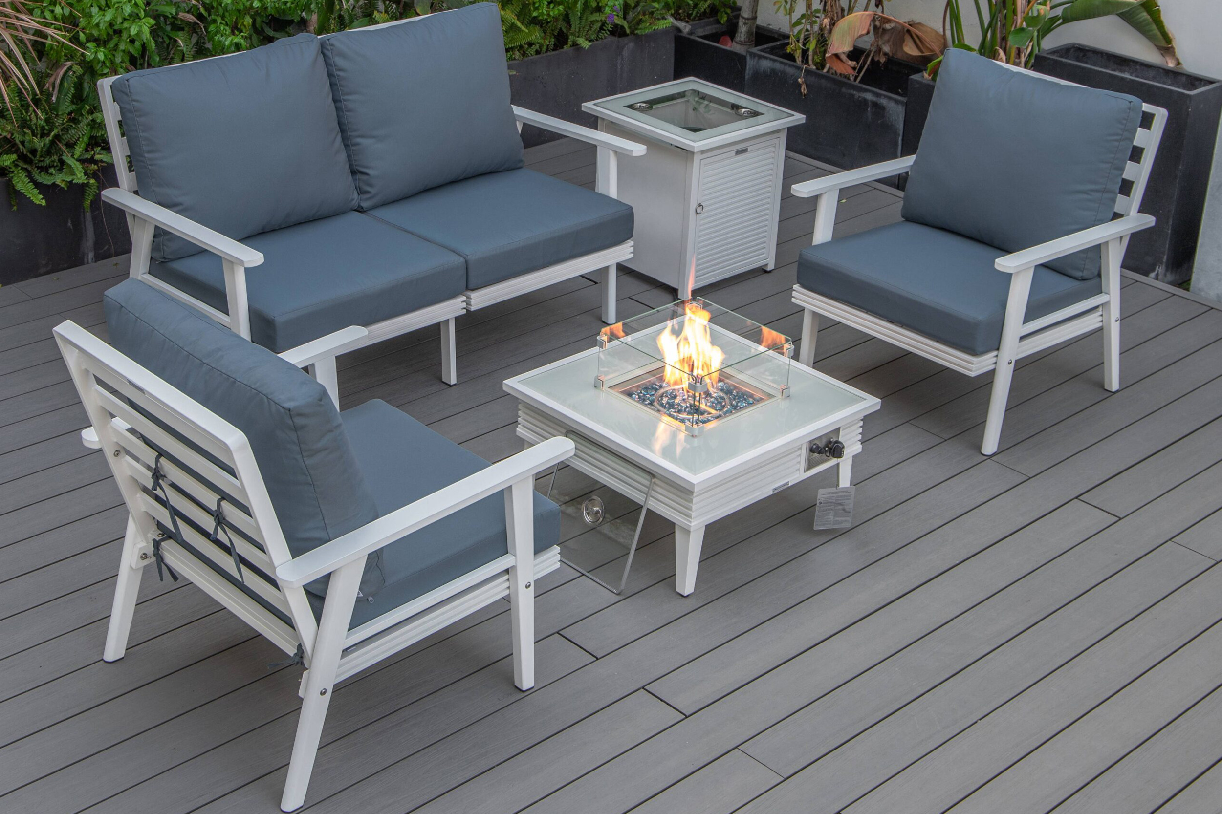 LeisureMod - Walbrooke Modern Black Patio Conversation With Square Fire Pit With Slats Design & Tank Holder