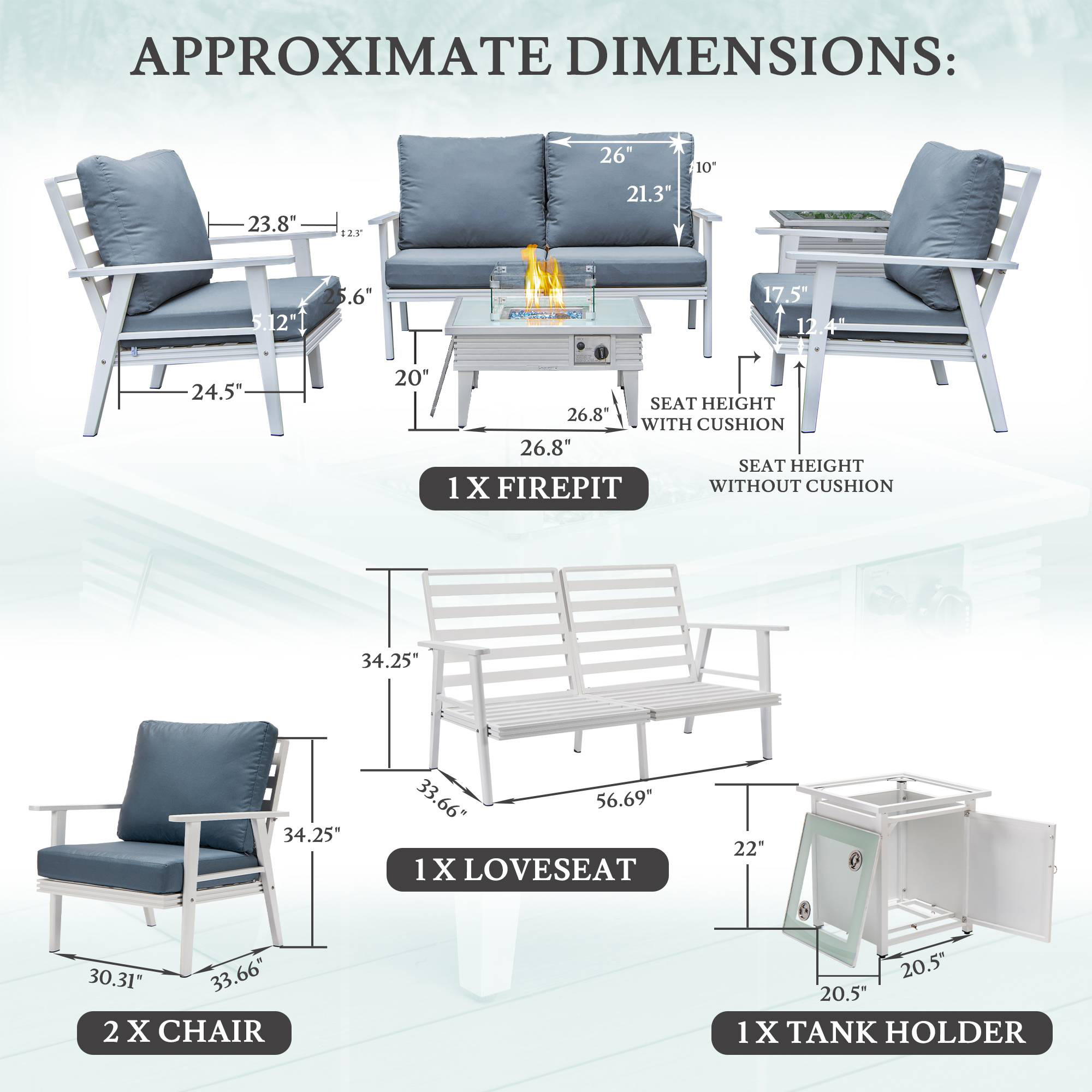 LeisureMod Walbrooke Modern White Patio Conversation With Square Fire Pit With Slats Design & Tank Holder - Navy Blue