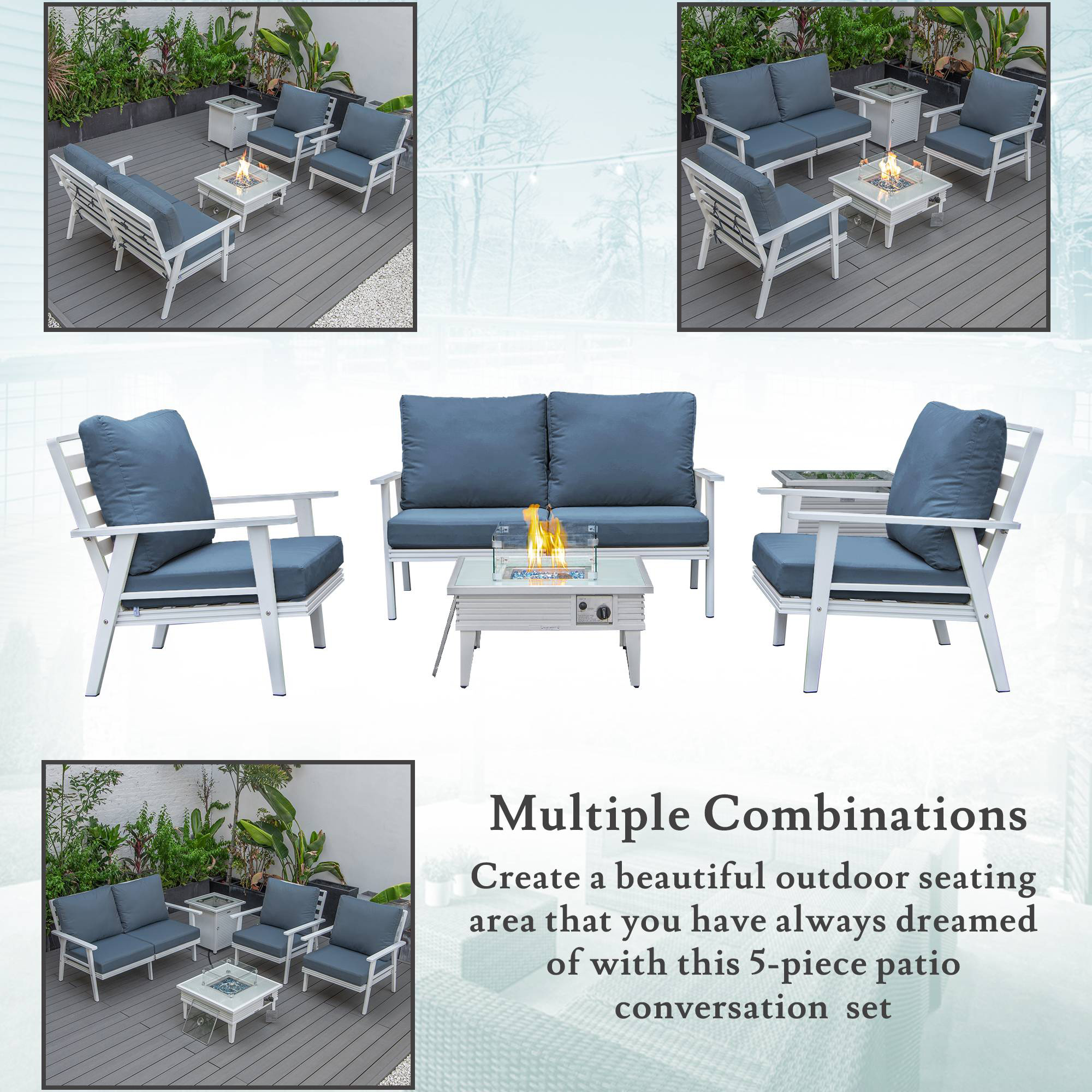 LeisureMod Walbrooke Modern White Patio Conversation With Square Fire Pit With Slats Design & Tank Holder - Navy Blue