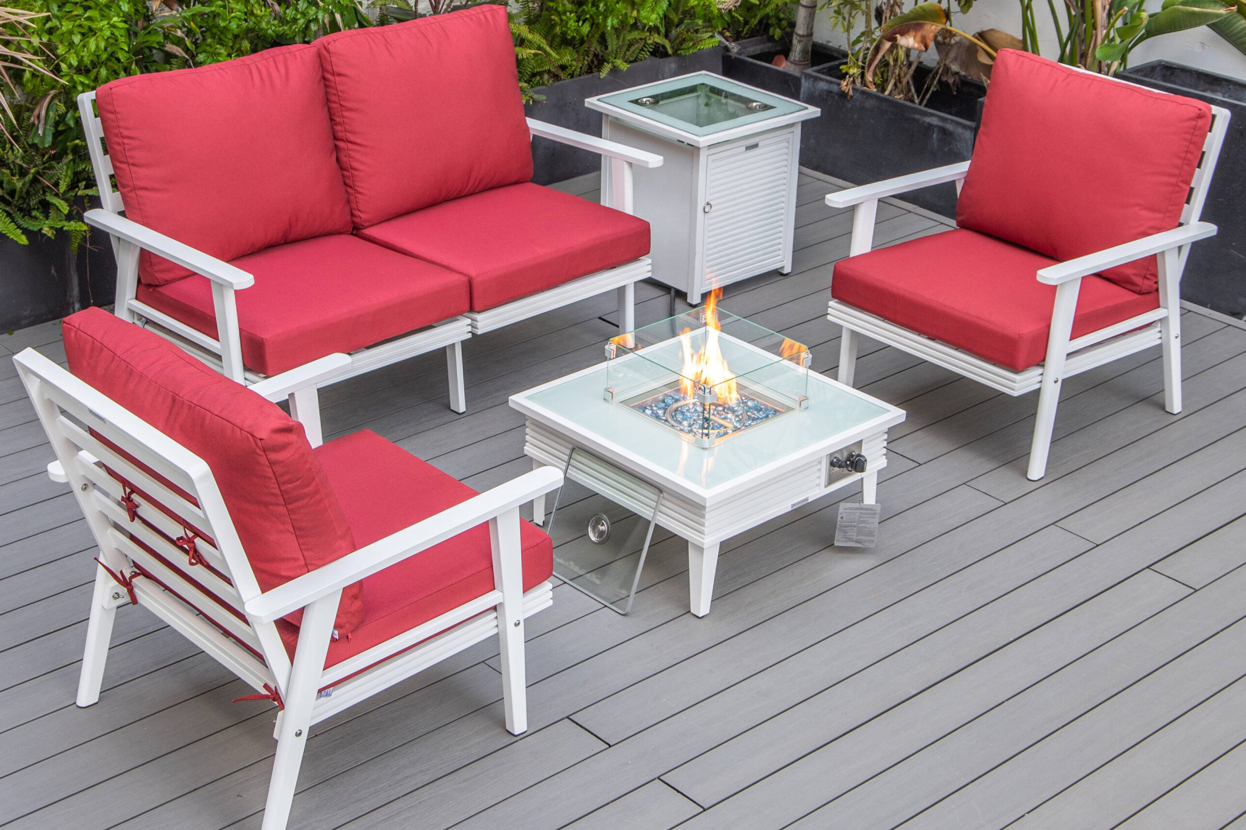 LeisureMod - Walbrooke Modern Black Patio Conversation With Square Fire Pit With Slats Design & Tank Holder