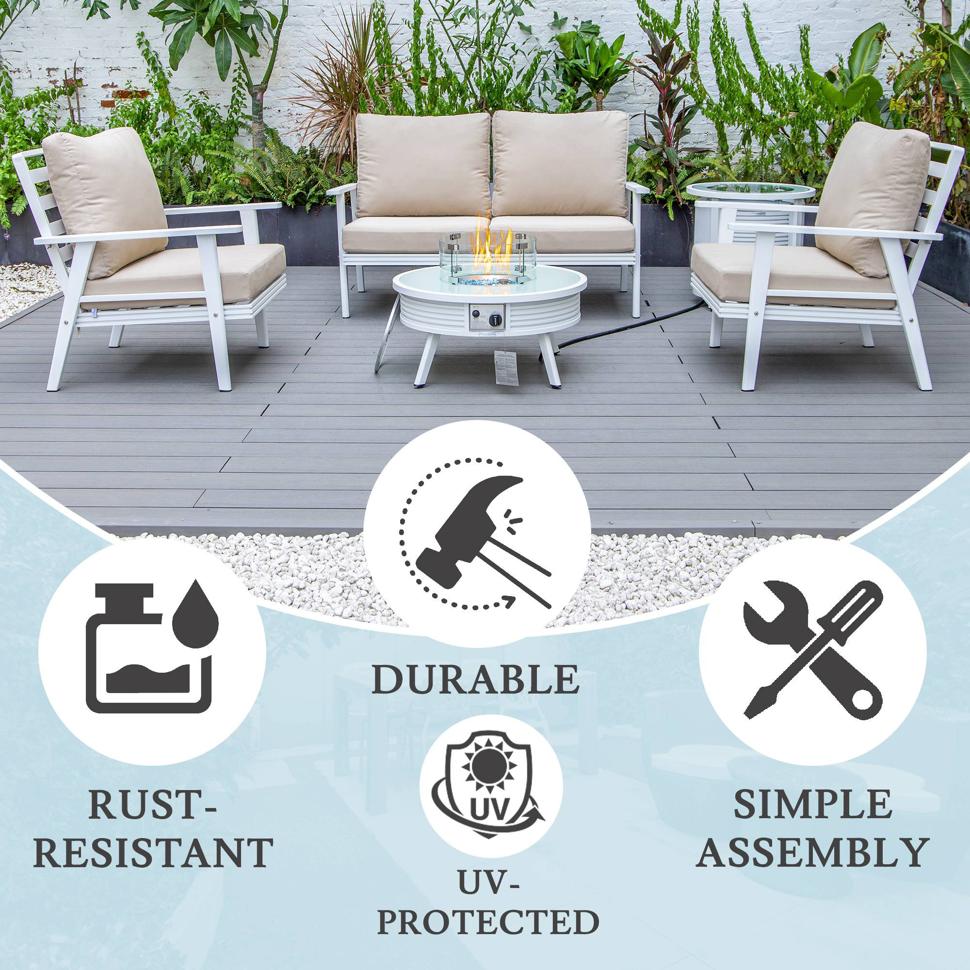 LeisureMod Walbrooke Modern White Patio Conversation With Round Fire Pit With Slats Design & Tank Holder - Beige