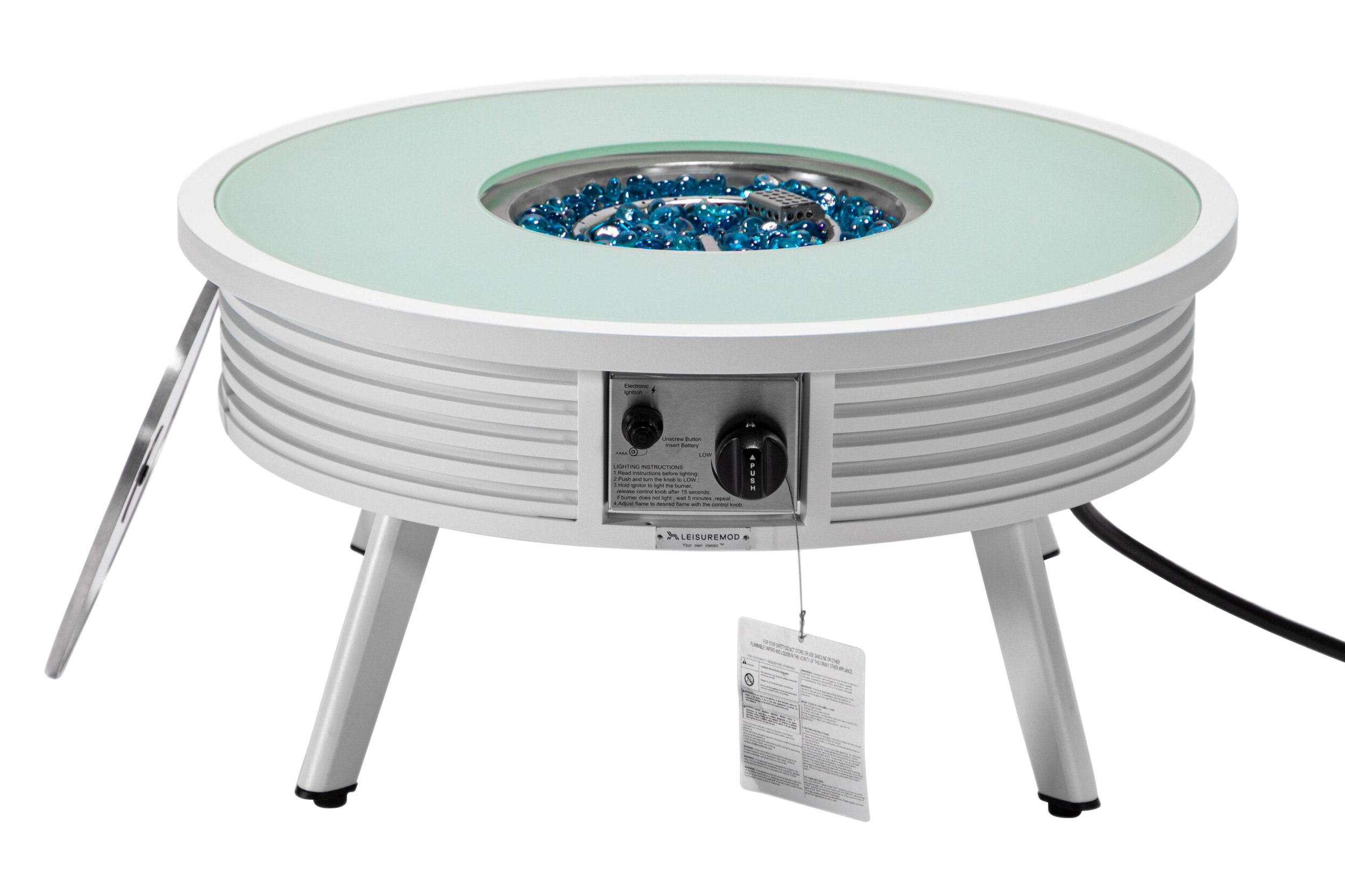 LeisureMod Walbrooke Modern Outdoor Round Fire Pit Table with Powder-Coated Aluminum Frame and Slats Design - White