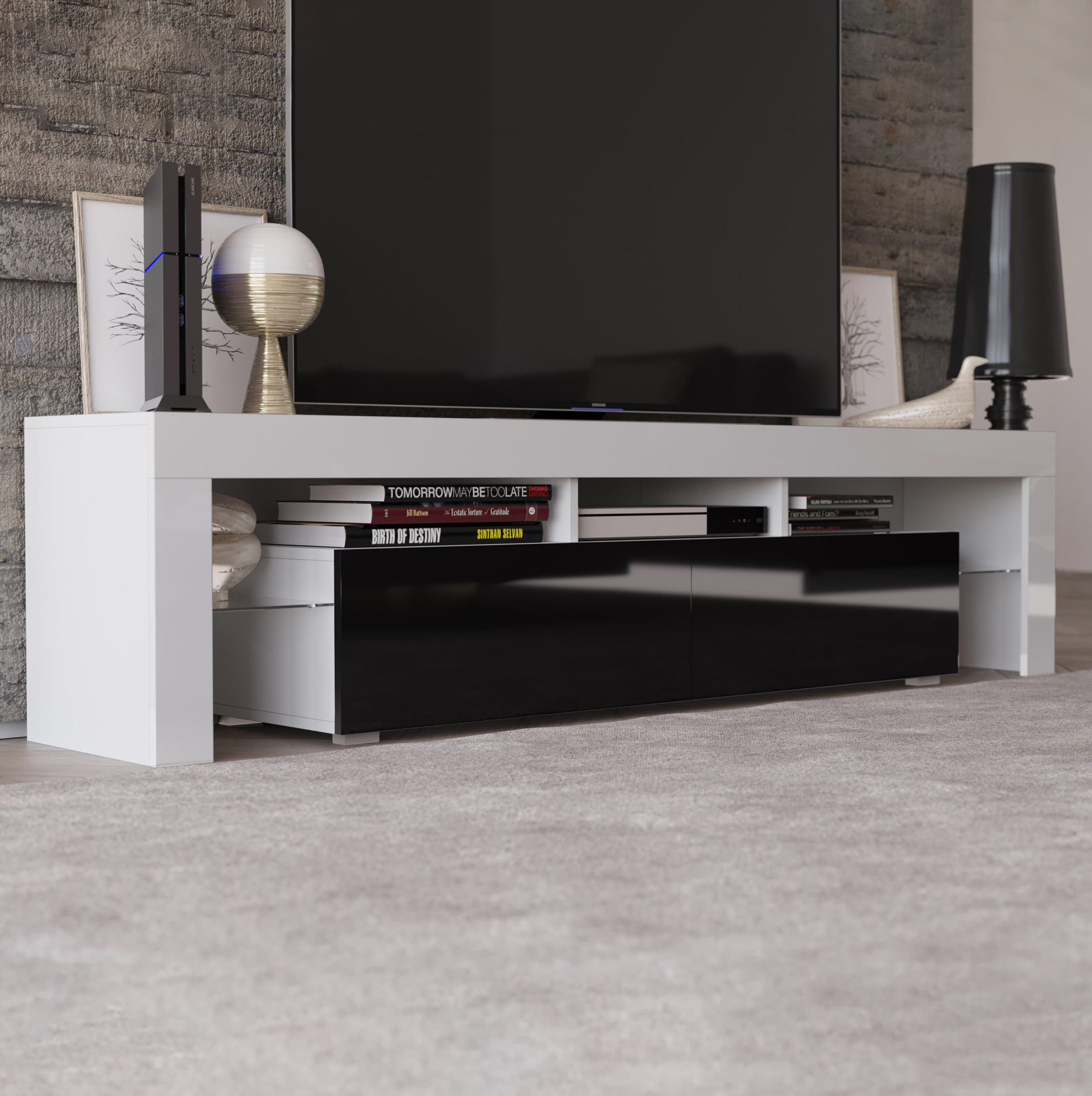 Maxima Reva 190 TV Stand - White/Black, 74.8"