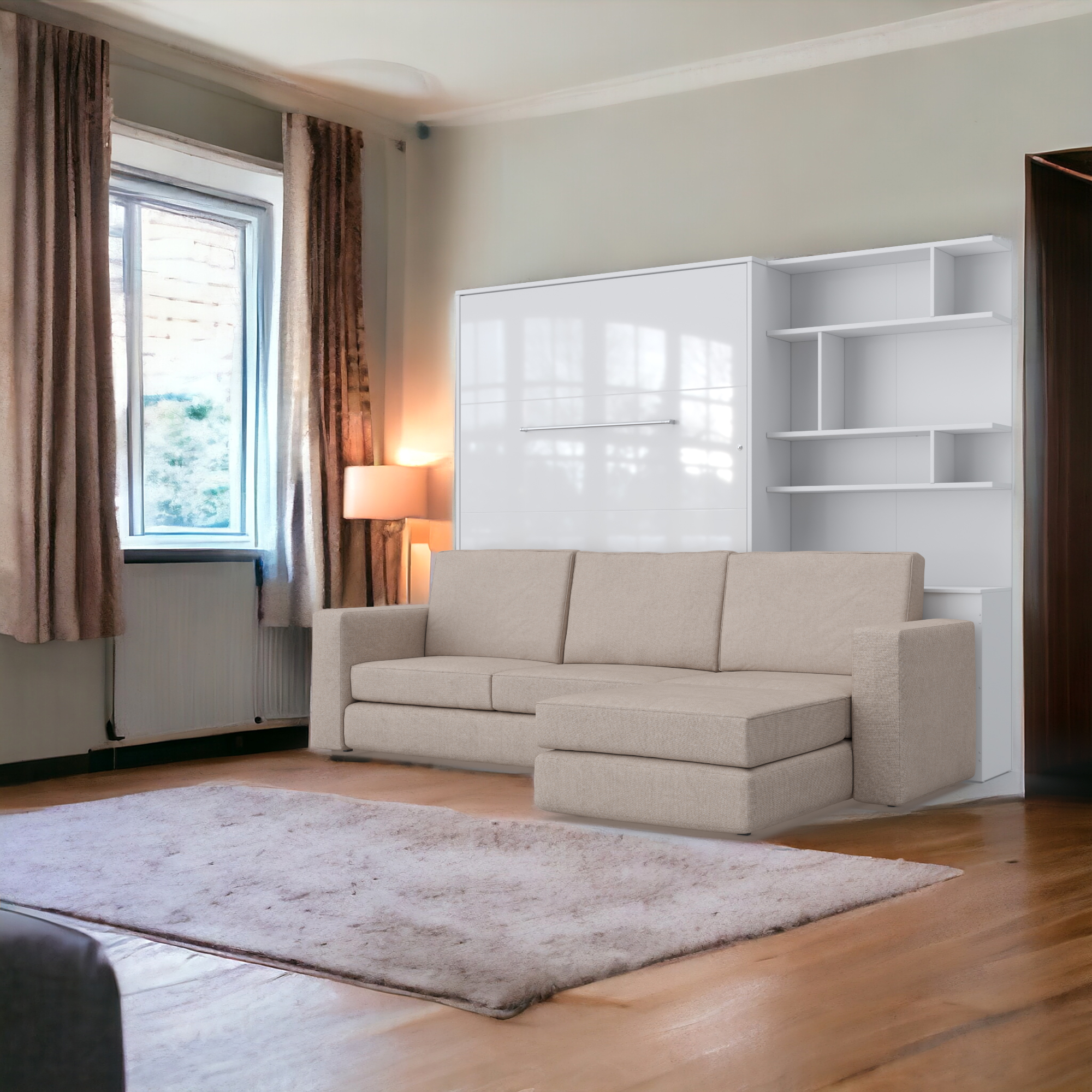 Maxima Inverto Murphy Vertical Bed with Sofa and Bookcase - White/Beige, Full XL Size