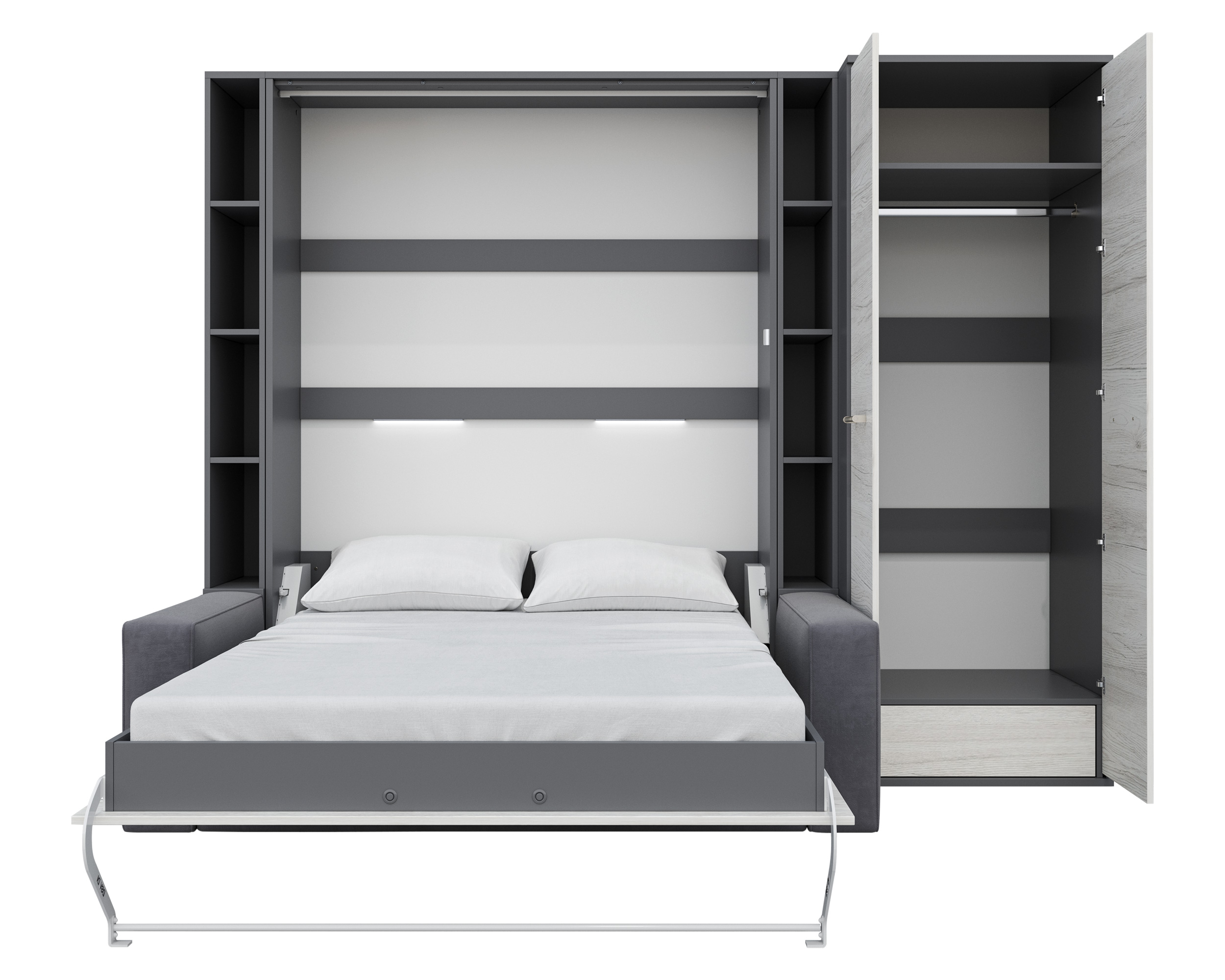 Maxima Inverto Murphy Vertical Bed with 2 Cabinets and Wardrobe - White/Gray, Full Size