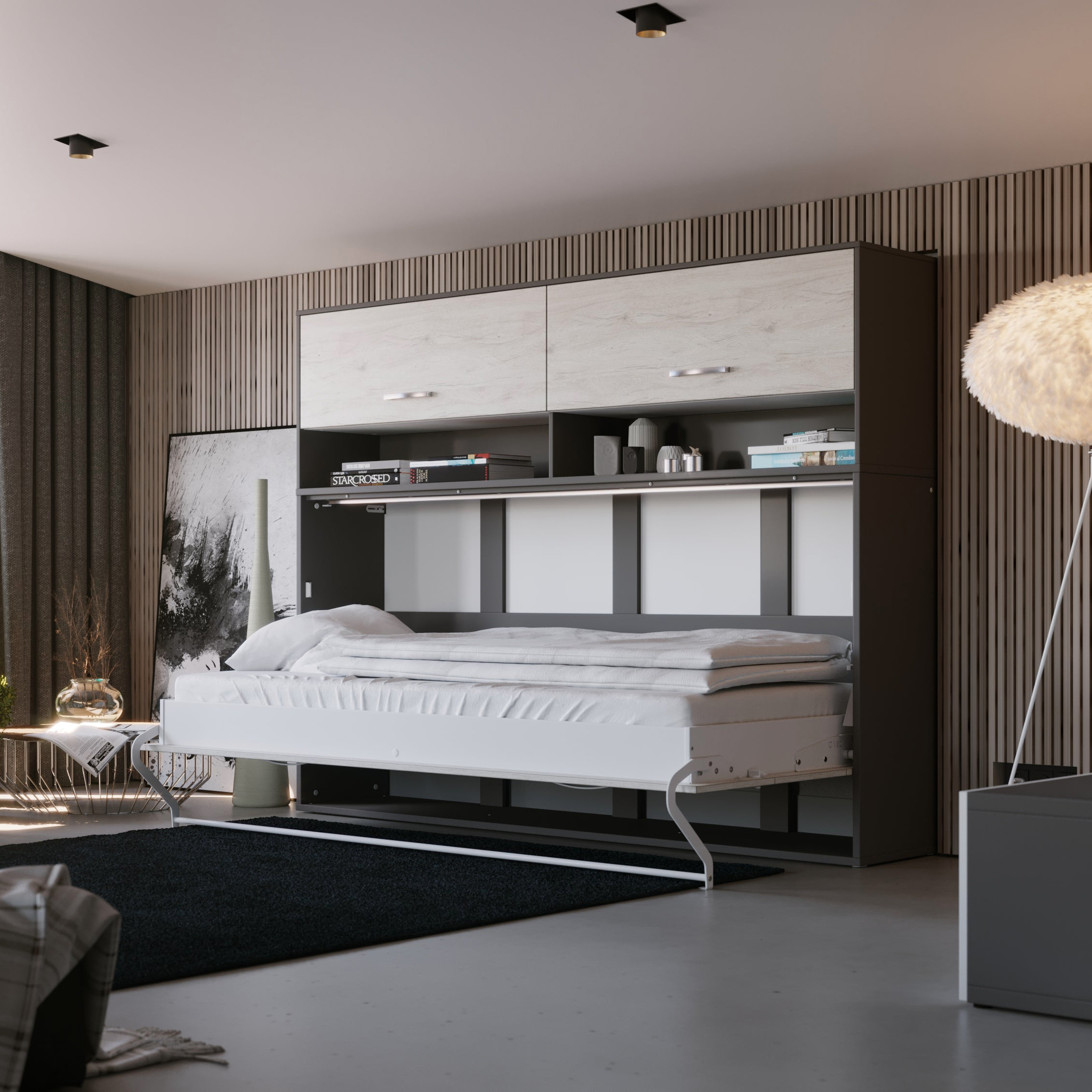 Maxima Inverto Murphy Horizontal Wall Bed with Cabinet on Top - Venatino White, Full Size