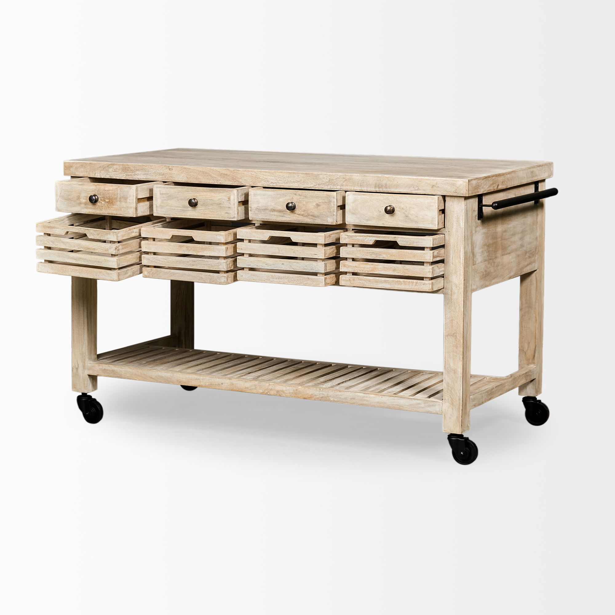 Mercana Columbia Rolling Kitchen Island with Black Iron Knobs - Light Brown