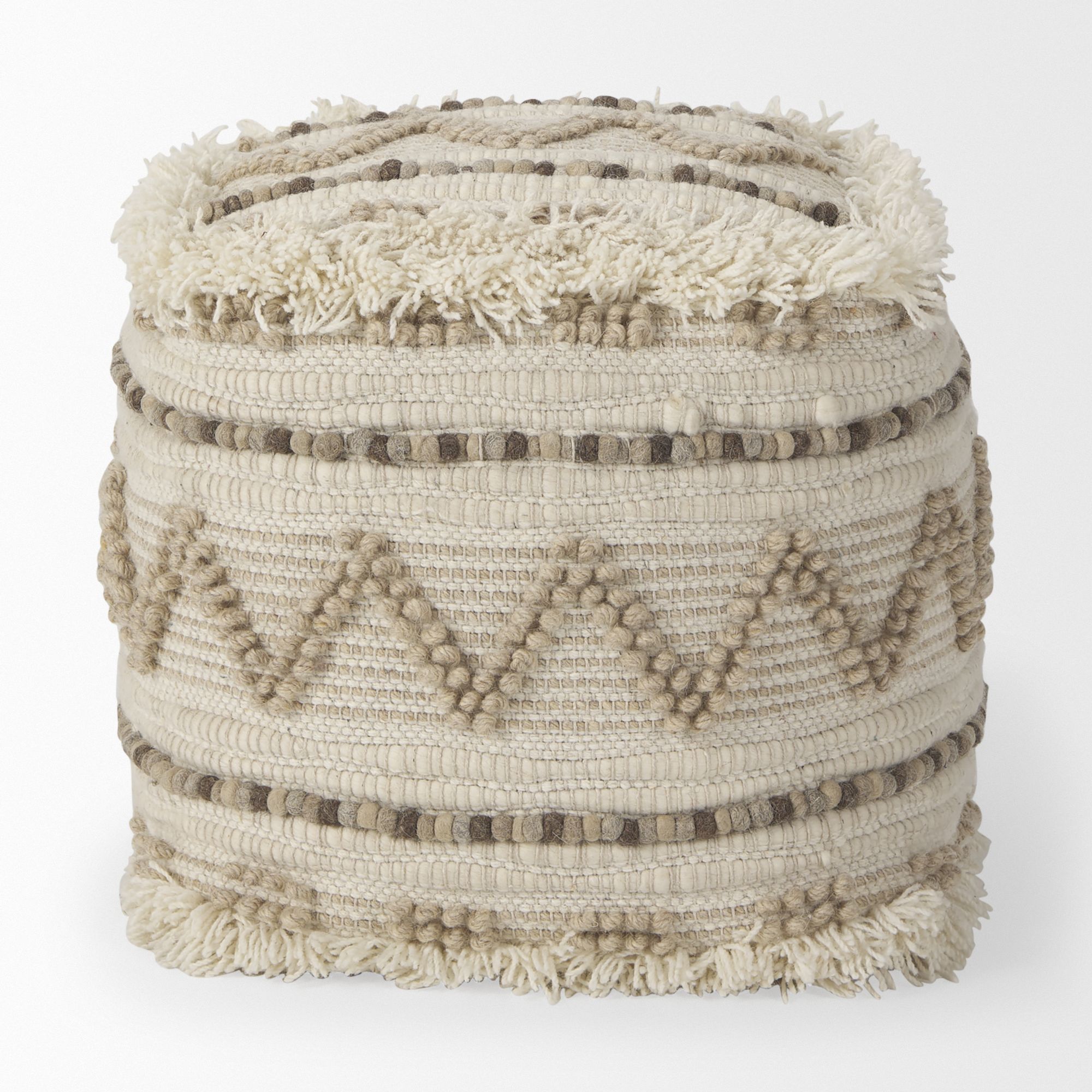 Mercana - Caela Beige/Brown Wool, Cotton and Felt Popcorn Stitch Square Pouf