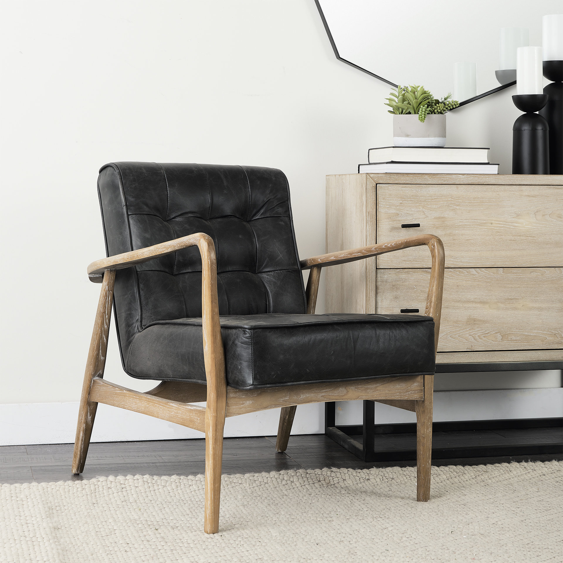 Mercana - Phineas Leather Accent Chair in Black, Fabric