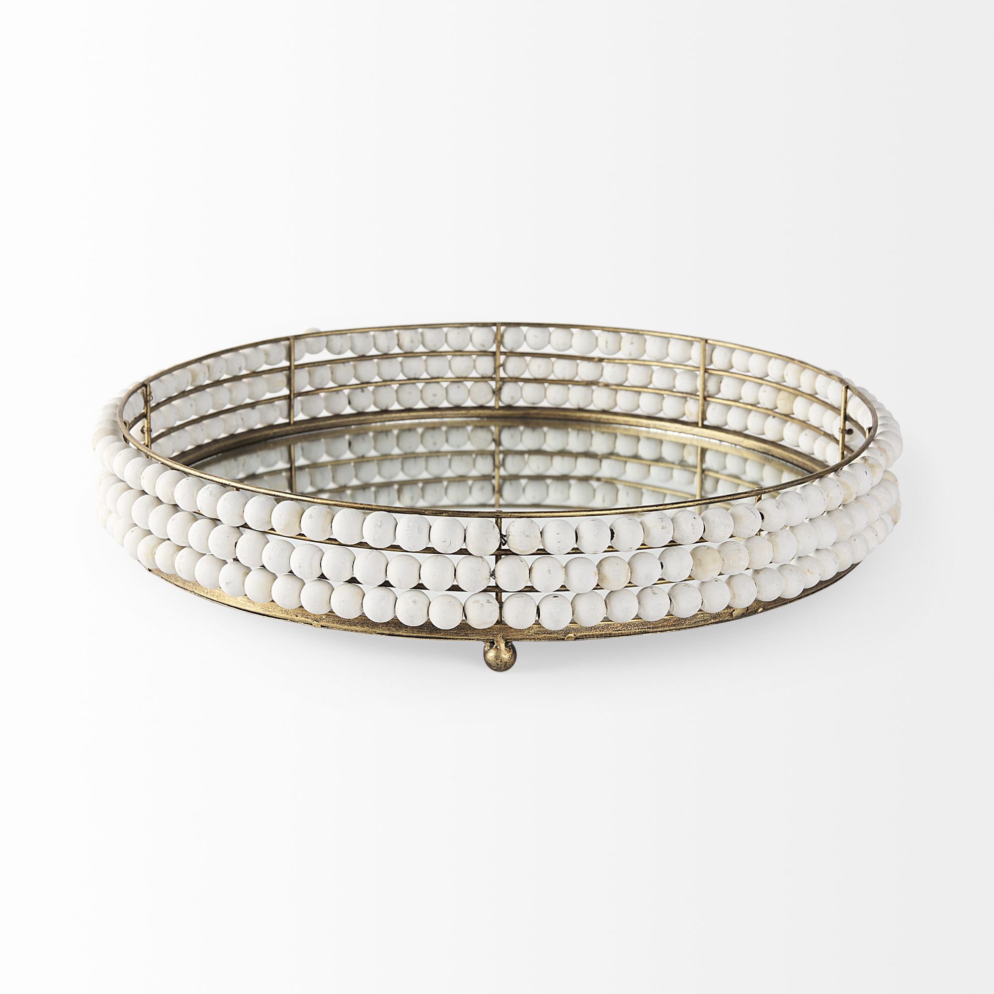 Mercana Decatur I Wooden Bead Mirrored Bottom Round Tray - White