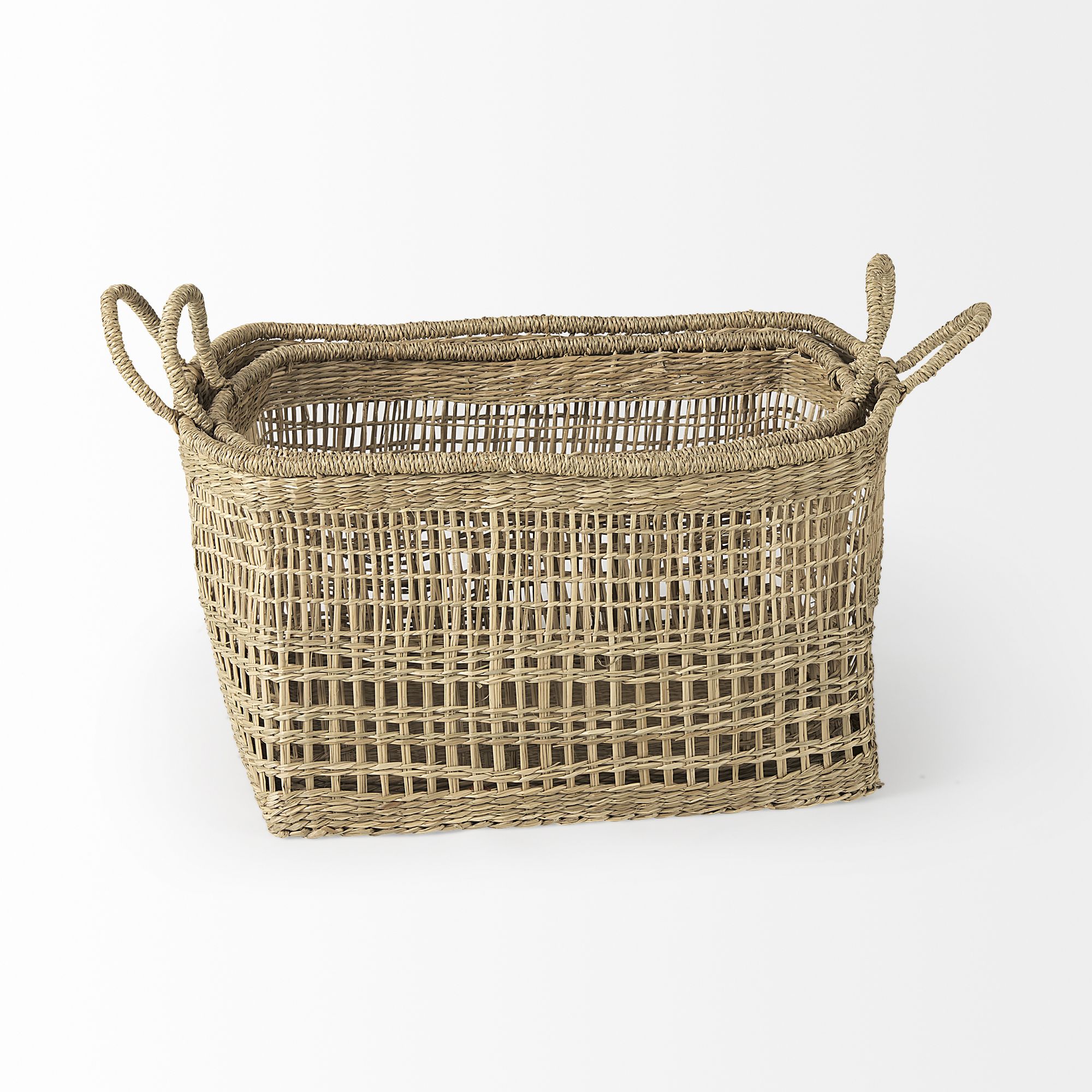 Mercana - Bellisa Medium Brown Seagrass Rectangular Basket/Handles (Set of 2)