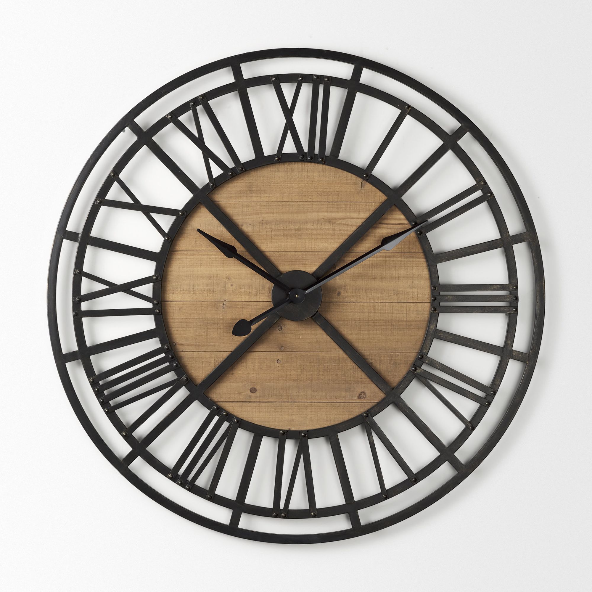Mercana Lewiston 42" Iron/Wood Round Wall Clock - Black/Brown