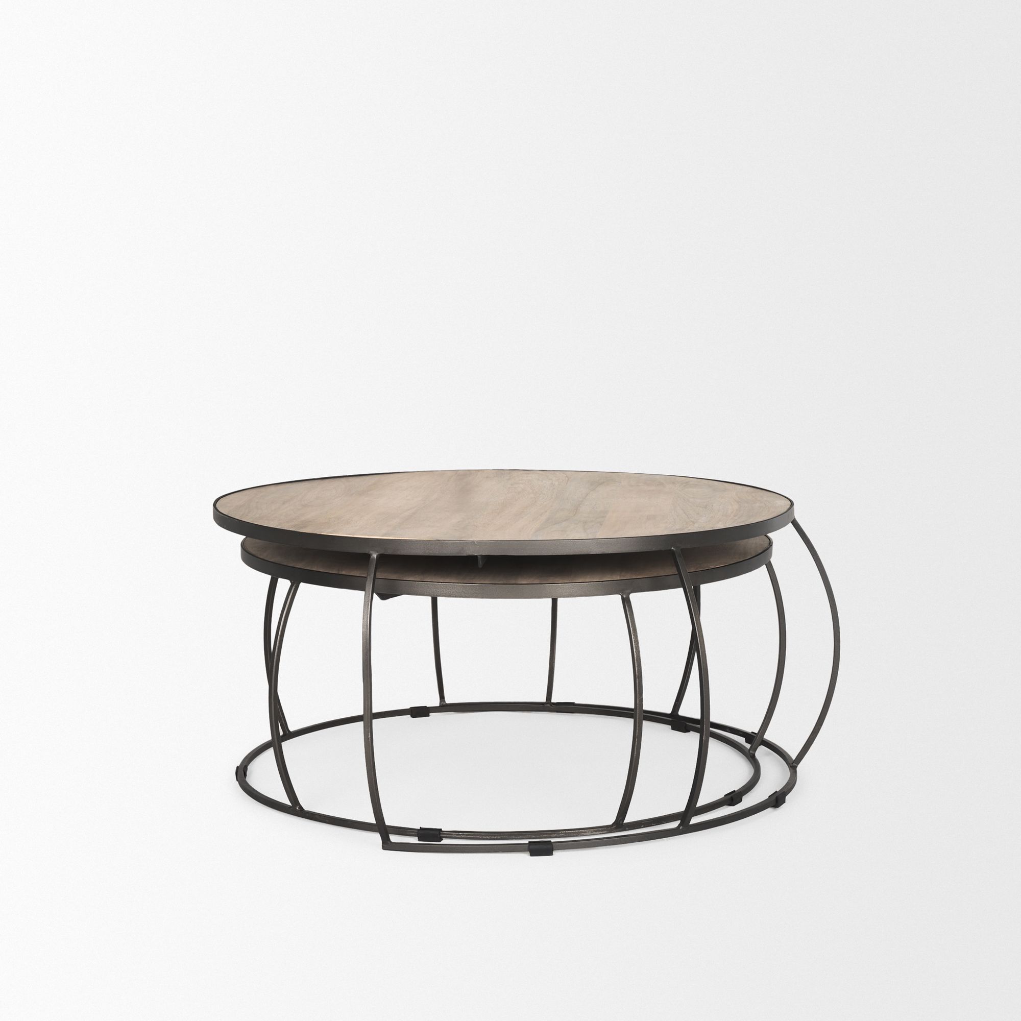 Mercana - Clapp Round Light Brown with White Wash Wood and Silver Metal Nesting Coffee Tables (Set of 2)
