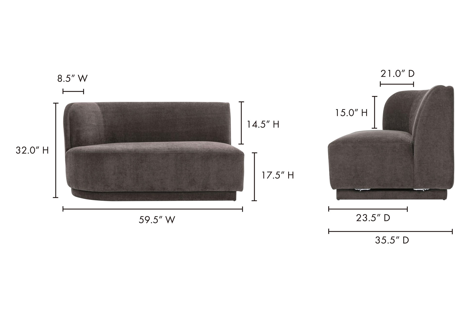 Moe's Yoon 2 Seat Sofa - Umbra Gray, Left Chaise