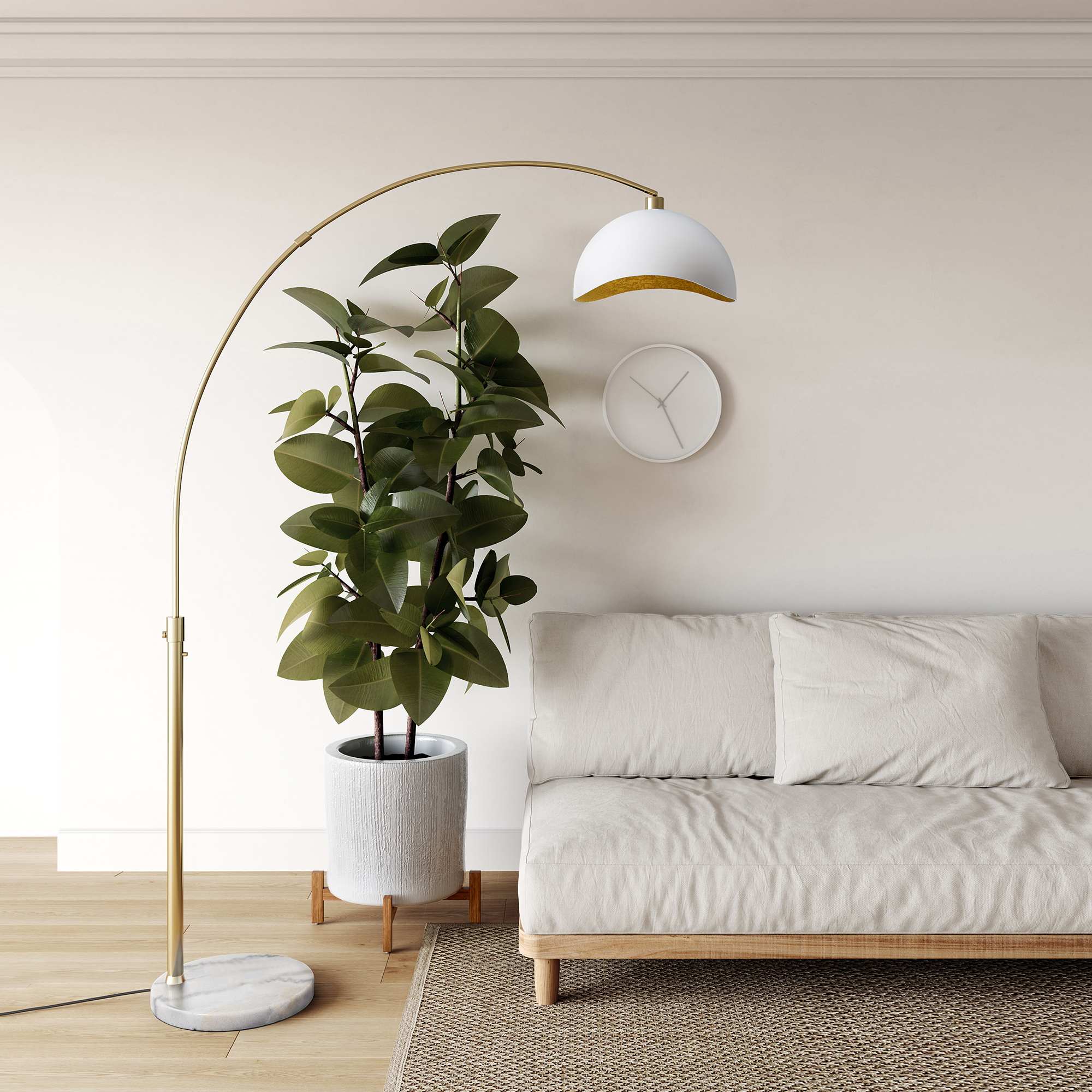 Nova Of CA Luna Bella Arc Floor Lamp - Brass, White & Gold Leaf Shade