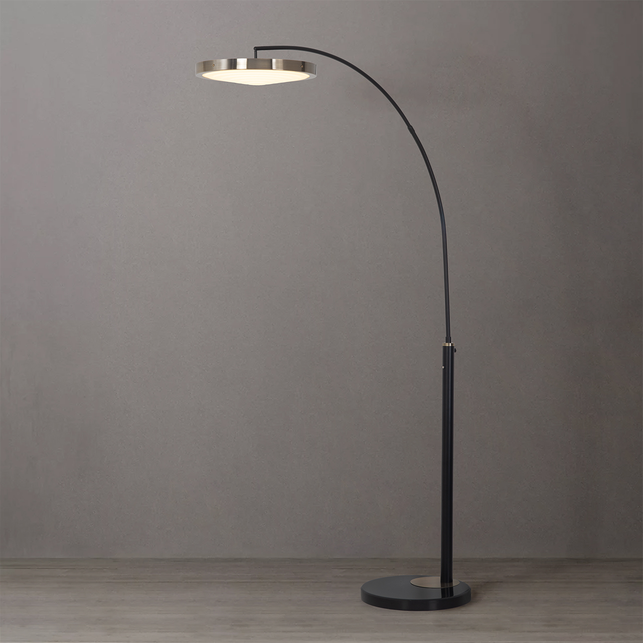 Nova Of CA - Redondo 1 Light LED Arc Floor Lamp Matte Black Finish, Weathered Brass, Black Marble Base, Dimmer
