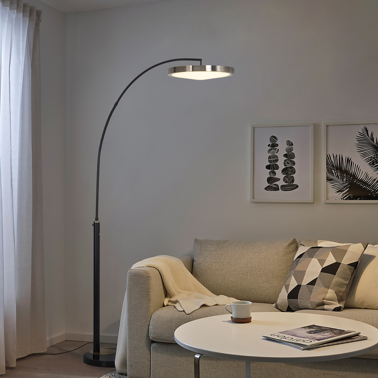 Nova Of CA - Redondo 1 Light LED Arc Floor Lamp Matte Black Finish, Weathered Brass, Black Marble Base, Dimmer