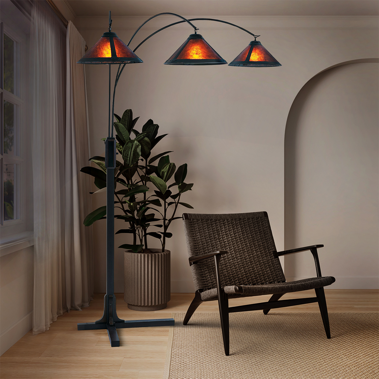 Nova Of CA Natural Mica 3 Light Arc Floor Lamp - Espresso Wood