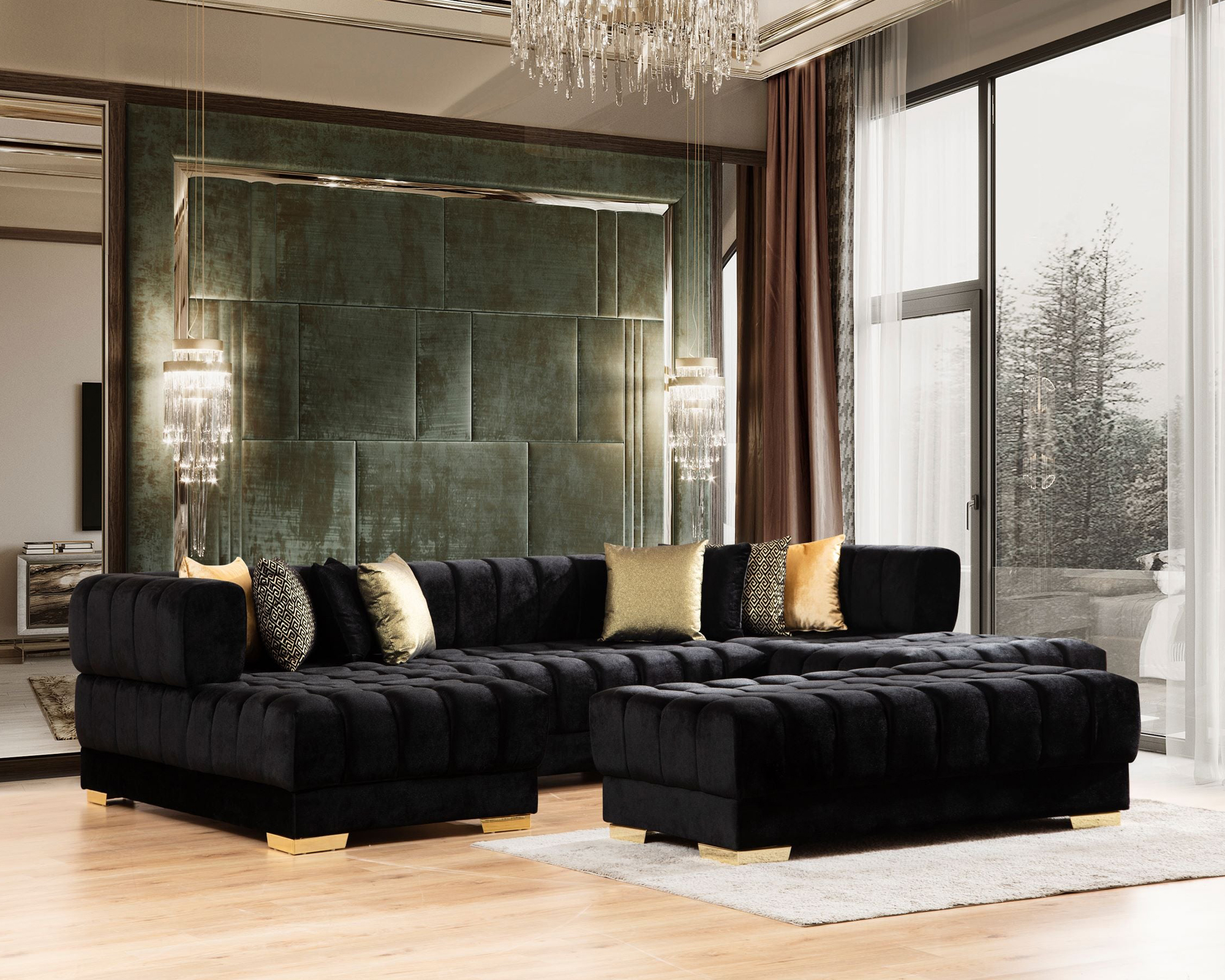 Nova Ariana Velvet Rectangle Ottoman - Black