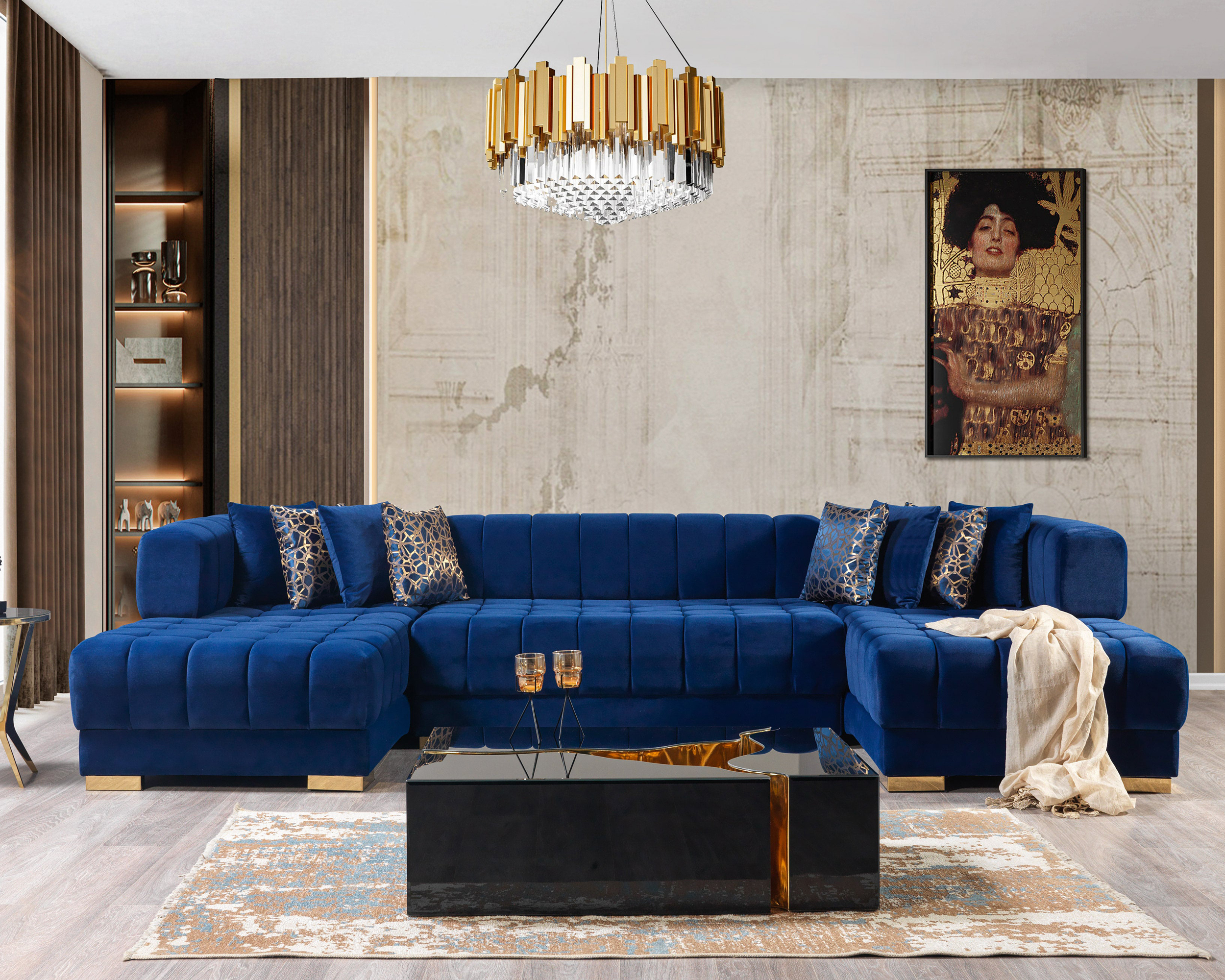 Nova Ariana Velvet Double Chaise Sectional - Blue