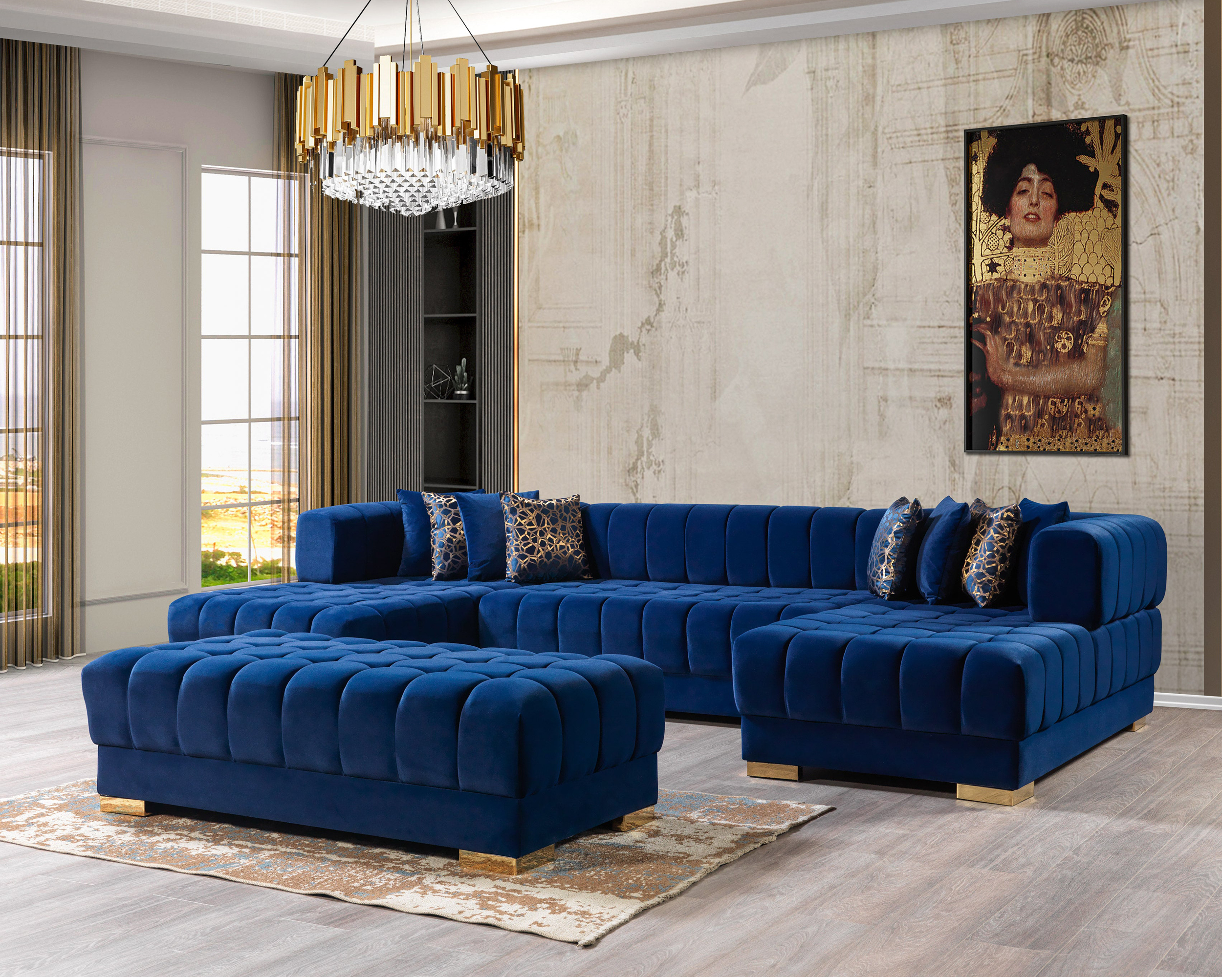 Nova Ariana Velvet Double Chaise Sectional - Blue