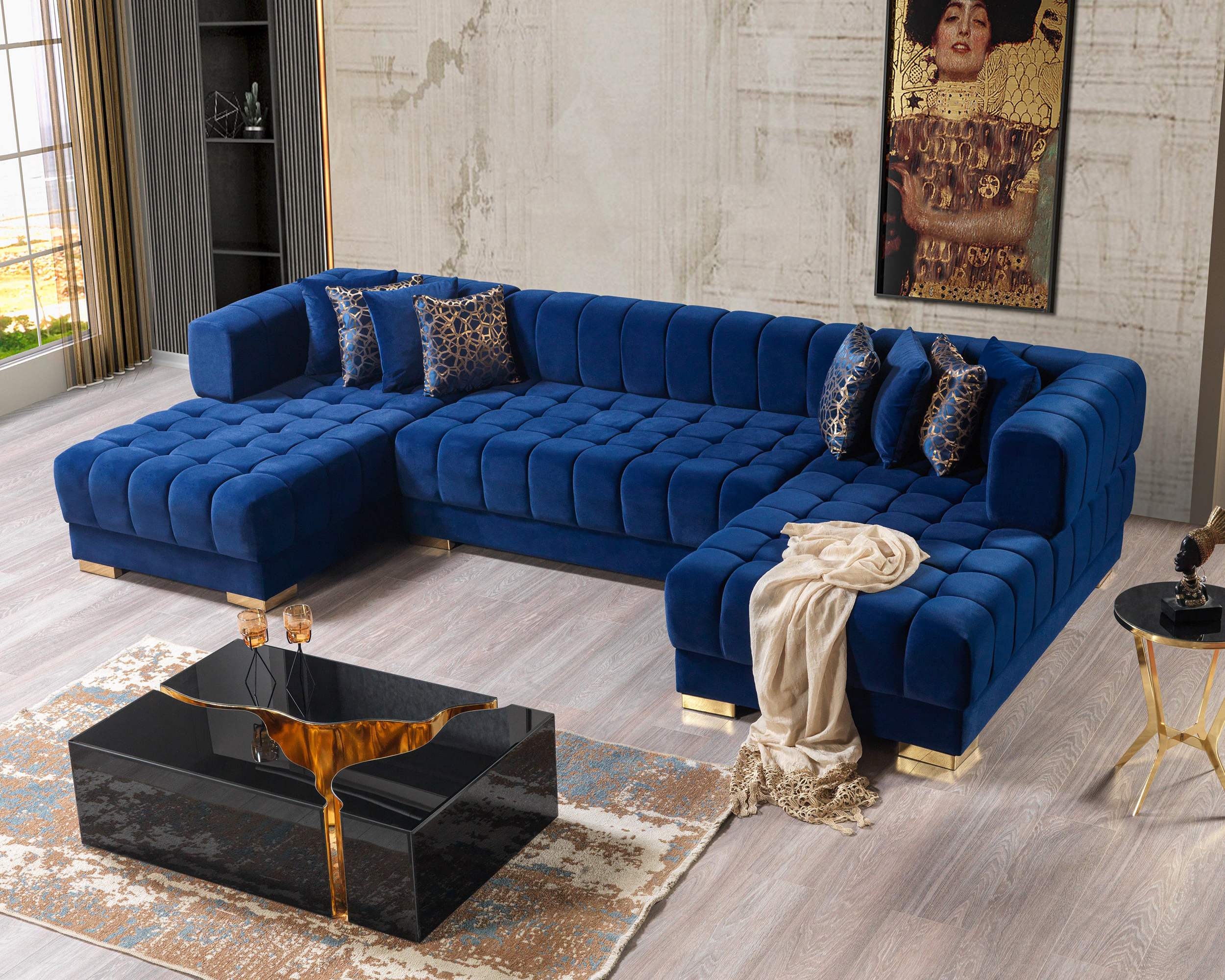 Nova Ariana Velvet Double Chaise Sectional - Blue