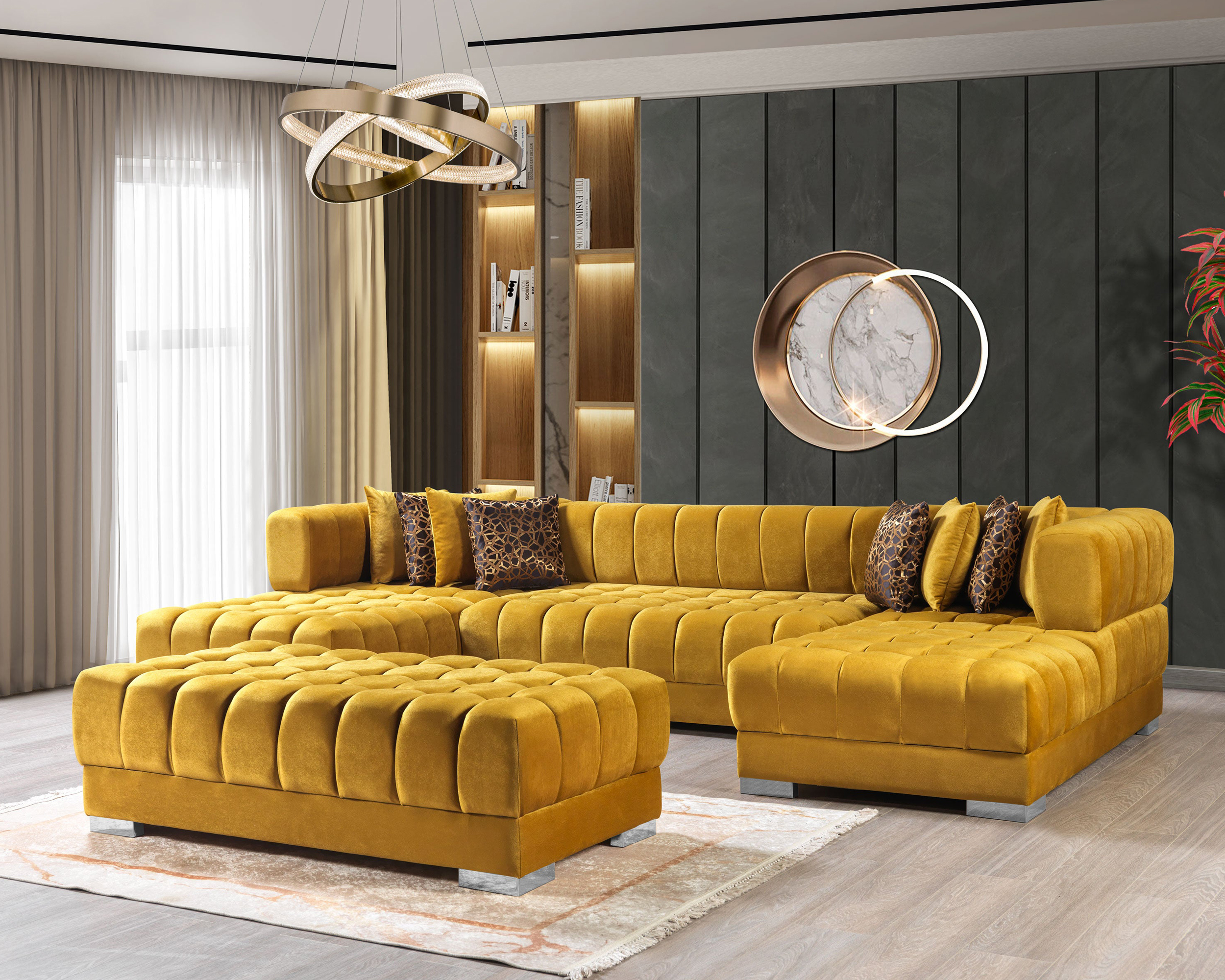 Nova Ariana Velvet Double Chaise Sectional - Mustard