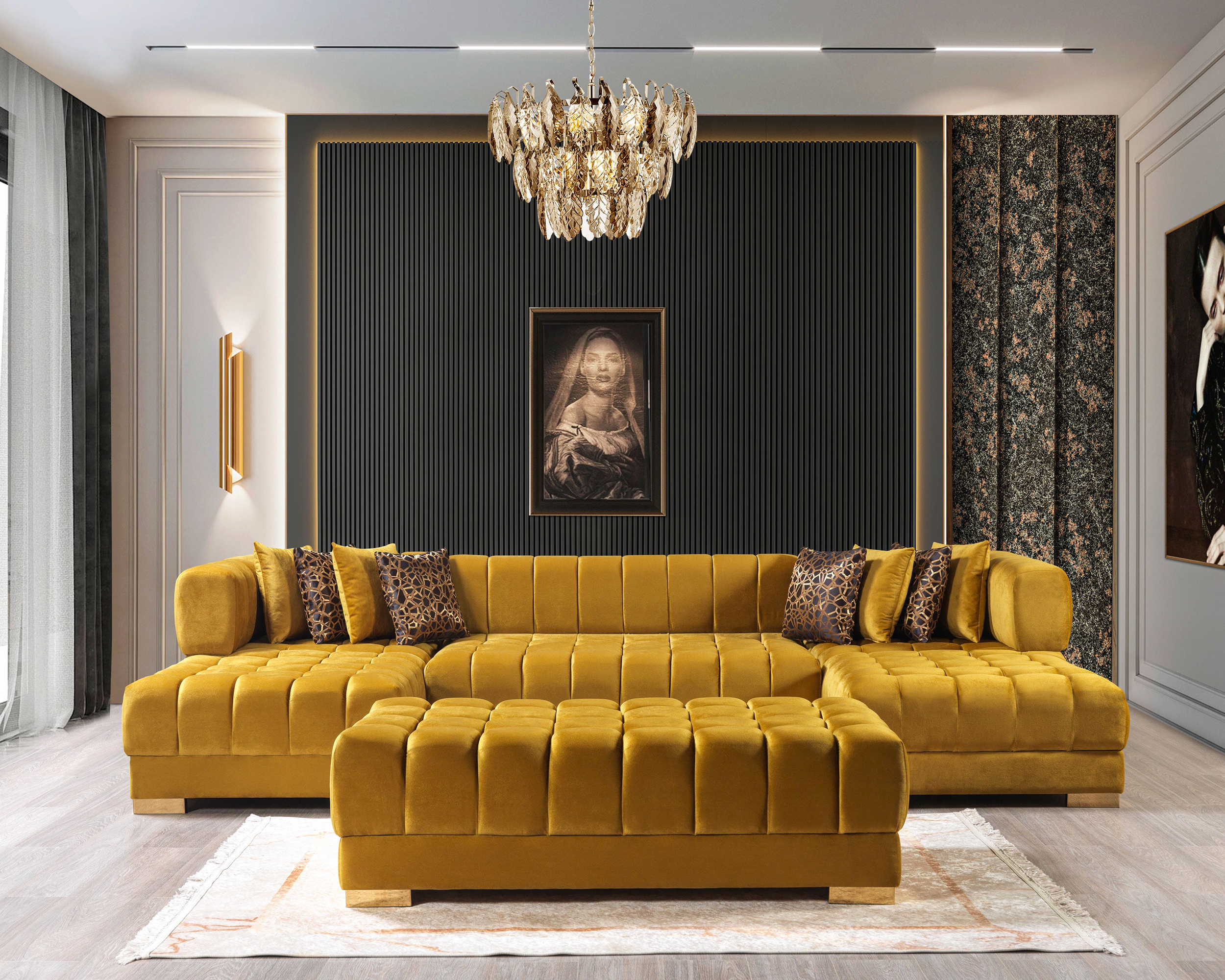 Nova Ariana Velvet Double Chaise Sectional - Mustard